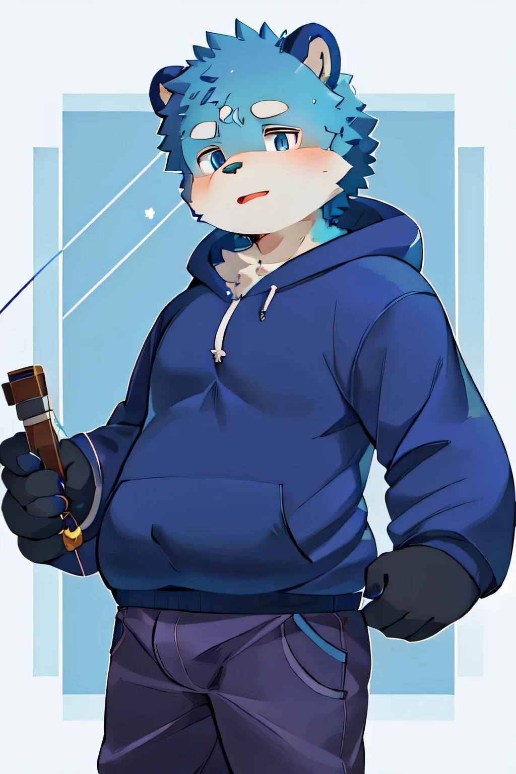 Bear,Shota,hairy,charming,vitality,chubby,blue fur,blue ears,blue eyes,Holding a slingshot,deep blue hoodie,Dark purple trousers