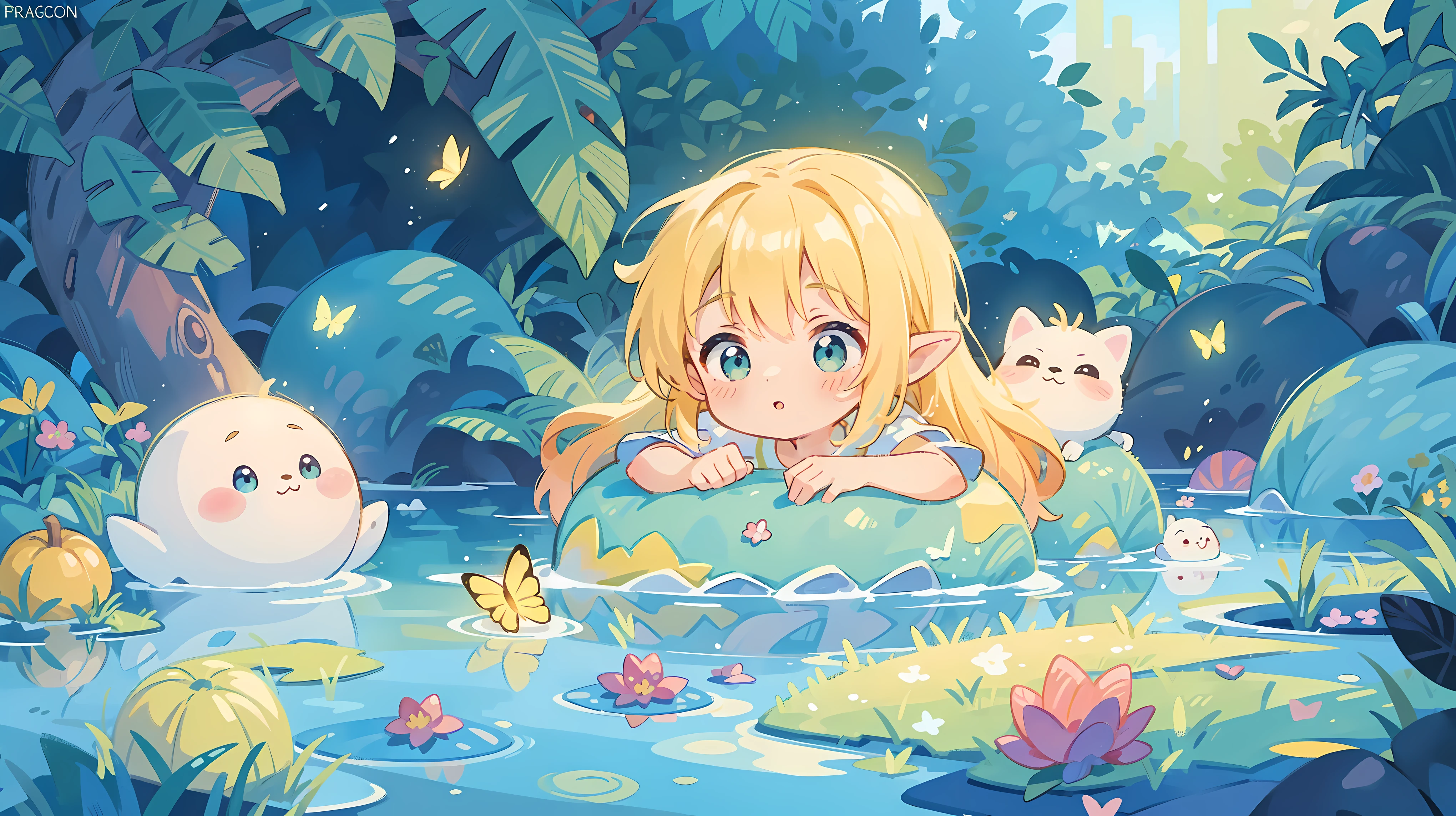 picture book illustration, Watercolor storybook illustration, Vibrant pastel colors, Dreamy, colorful, whimsical, magic, masterpiece, best quality, sharp focus, Intricately detailed environments, fine details, 8k resolution, fall lagoon, (magic lagoon), (fall, lake), (Beautiful girl swimming in water), Night light, firefly, glowing butterfly, glow elf