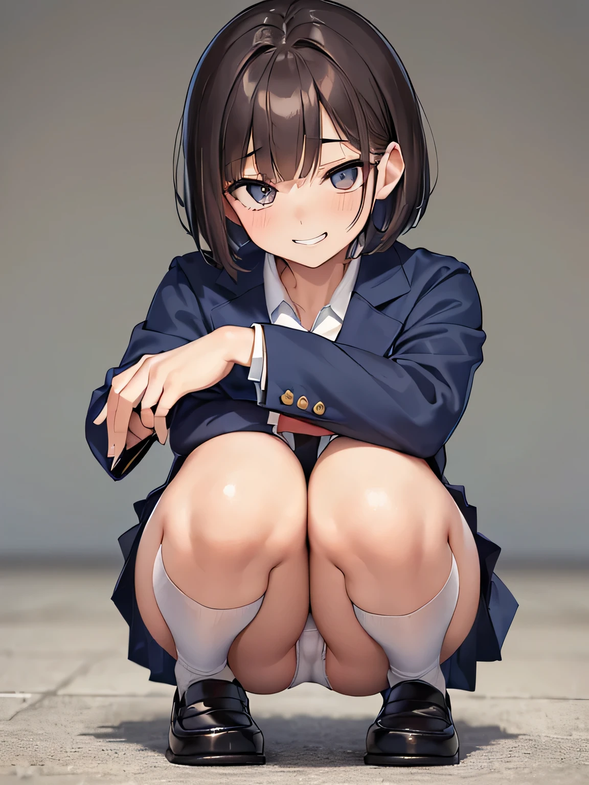 (masterpiece、highest quality、High resolution、realistic pictures、real looking skin:1.1), (She is wearing a navy blue uniform blazer over a white blouse.,Wearing a gray uniform miniskirt,wearing loafers:1.1), 1 Japanese woman, beautiful eyes, shining eyes, brown hair, short bob hair, high school girl, (Squat down with both knees facing towards you..:1.8), (Place your elbows on your knees、put your chin on it.:1.5), (slightly exposed pants: 1.5), (Simple white cotton panties: 1.5), (provocative and grinning expression:1.5), (The place is a school:1.5), (navy knee socks:1.5), NSFW