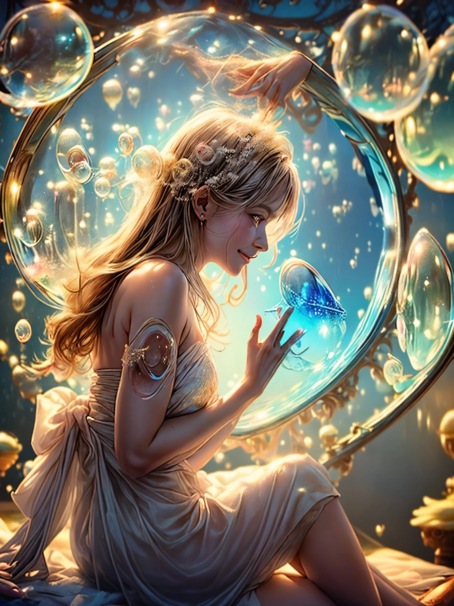 ((1 beautiful young woman traveling inside a (full shot soap bubble: 1.5), sitting on a pink pillow: 1.5)), ((flying through a beautiful and magical fairy tale city: 1.4)), (hyper detailed : 1.3), ((clothes delicate dress with flower decorations: 1.4)), ((sunset background below a beautiful fairy tale landscape: 1.3)), ((Imaginative scene)), ((Perfect faces and bodies, meticulously detailed: 1.3)), ((far shot: 1.4)),((best quality)), ((masterpiece)), 3D, (((sunset:1.2))), (photorealistic:1.4), ((profile view, but quietly looking at the camera:1.3)), (smiling happily, with her hands resting inside the soap bubble, surprised by the beautiful fairy city:1.4), ((Film lighting: 1.2)), 32k.