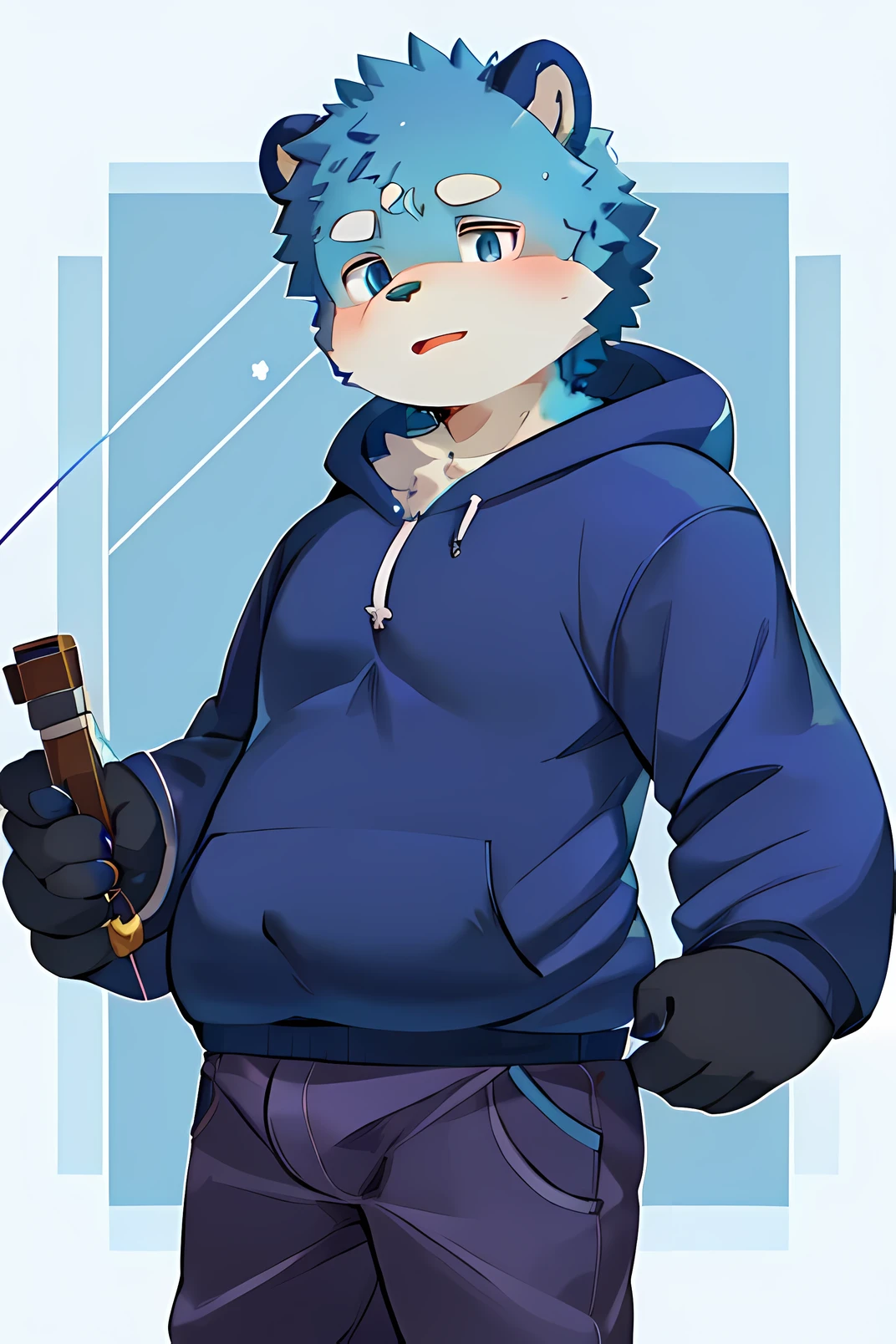 Bear,Shota,hairy,charming,vitality,chubby,blue fur,blue ears,blue eyes,Holding a slingshot,deep blue hoodie,Dark purple trousers