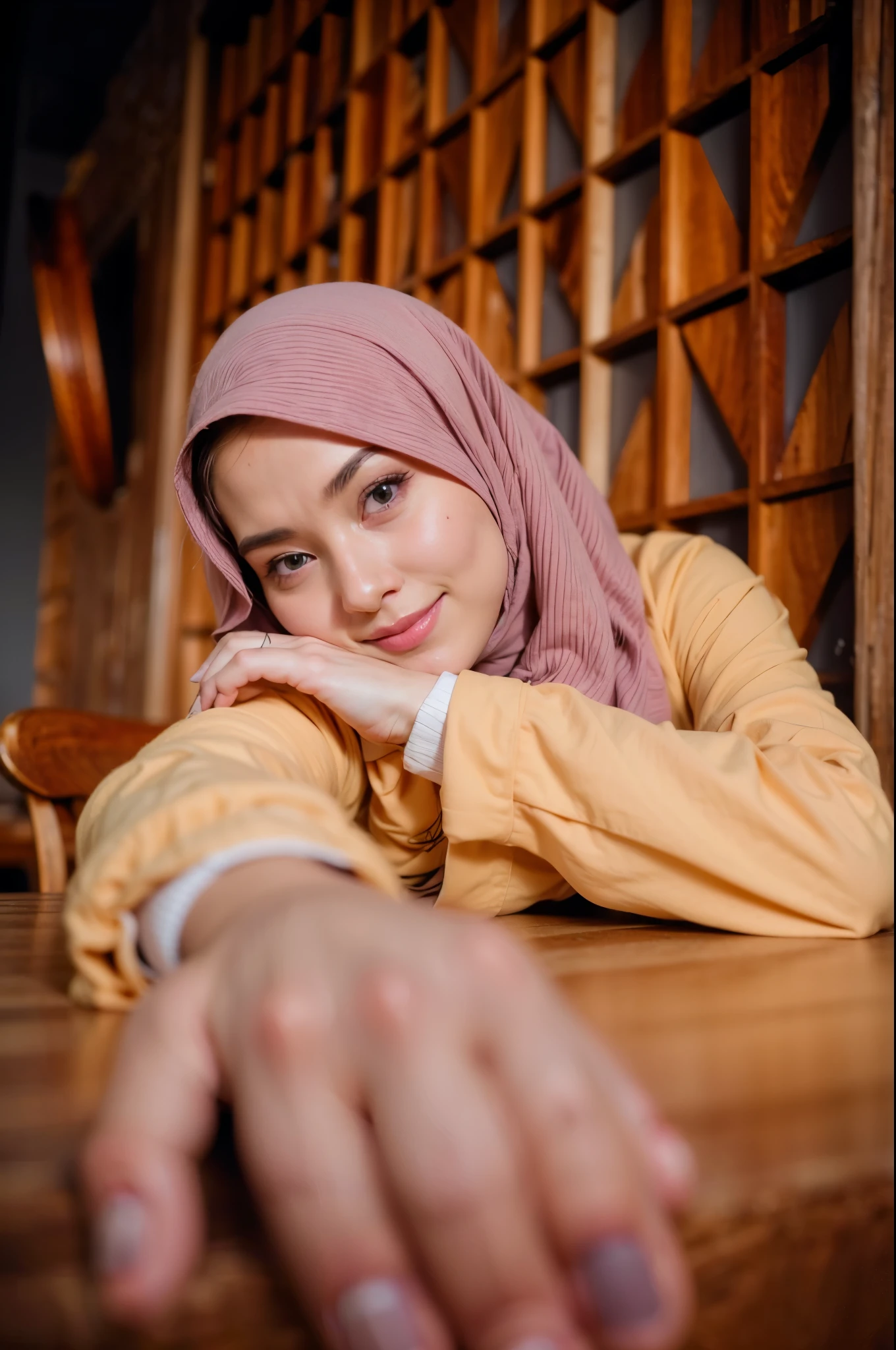 masterpiece, (ultra-high-definition portrait:1.4), Realistic, extremely detailed, CG unified, 8k, Clean lines, highly detailed, High-definition, raw color photos, she is smiling, Realistic portrait, Cinematic Light, Beautiful detailed, 1hijabgirl (indonesian:1.5), (165cm tall, big breasts with very very tight clothes:1.5), Beautiful big breasts, breasts details, very tight, (Biggorgeous eyes, Soft smile with lovely look:1.5), (Horny Face, gigantic breast:1.4), Close up of a girl in Beautiful clothes with errcted nipple, biggorgeous eyes, Soft smile, scarf, (Beautiful Tight Clothing with curvaceous body:2), pose 4 of 1 6, Undress, No bra, (nipples that are clearly sticking out detail:1.2), Outdoors, high intricate detailed, float, cum on, Sense of truth, beautiful landscape forest, sexy lighting,