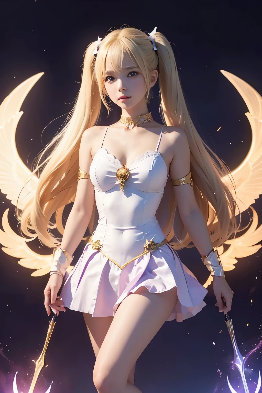 1 magical girl, (Highly detailed CG Unity 8k wallpaper), the most beautiful works of art in the world, magical girl girl, 10 years old, blonde, twin tails, slim and young body, white skin, Clothes with protruding shoulders,  with beautiful face, light purple wizard&#39;s clothes, shine, Surrounded by fantastic light, dark purple dark background, fantastic background, looking at the viewer, fantasy, cinematic lighting