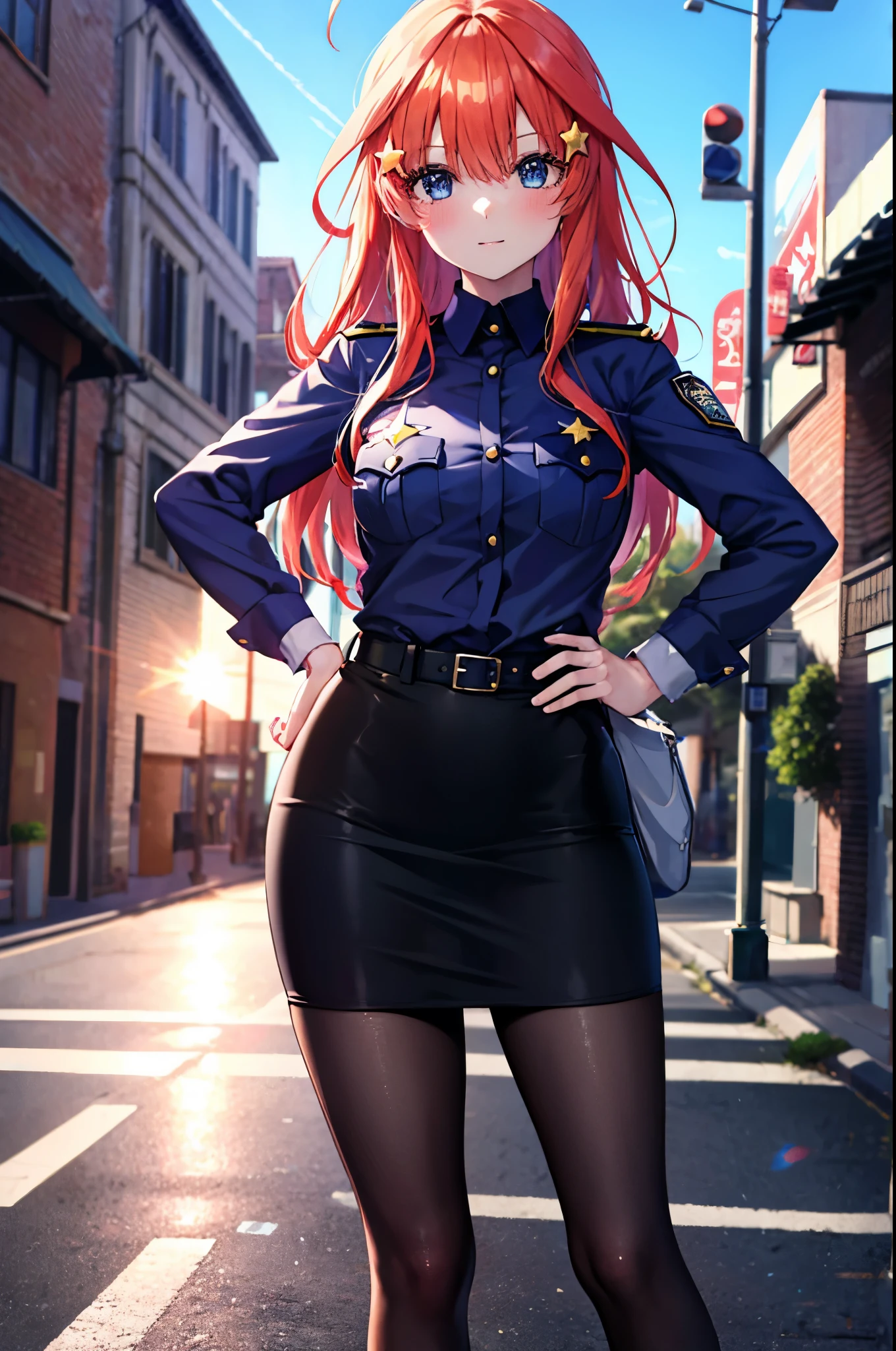 itsukinakano, Itsuki Nakano, bangs, blue eyes, hair between eyes, Ahoge, redhead, star \(symbol\), hair ornaments, star hair ornaments,
smile,blush,open your mouth,sexy police uniform,black pencil skirt,black pantyhose,stiletto heels,The girl salutes with her left hand,Place your right hand on your hip.,look up,morning,sun, 
break outdoors, In town,building street,
break (masterpiece:1.2), highest quality, High resolution, unity 8k wallpaper, (figure:0.8), (detailed and beautiful eyes:1.6), highly detailed face, perfect lighting, Very detailed CG, (perfect hands, perfect anatomy),