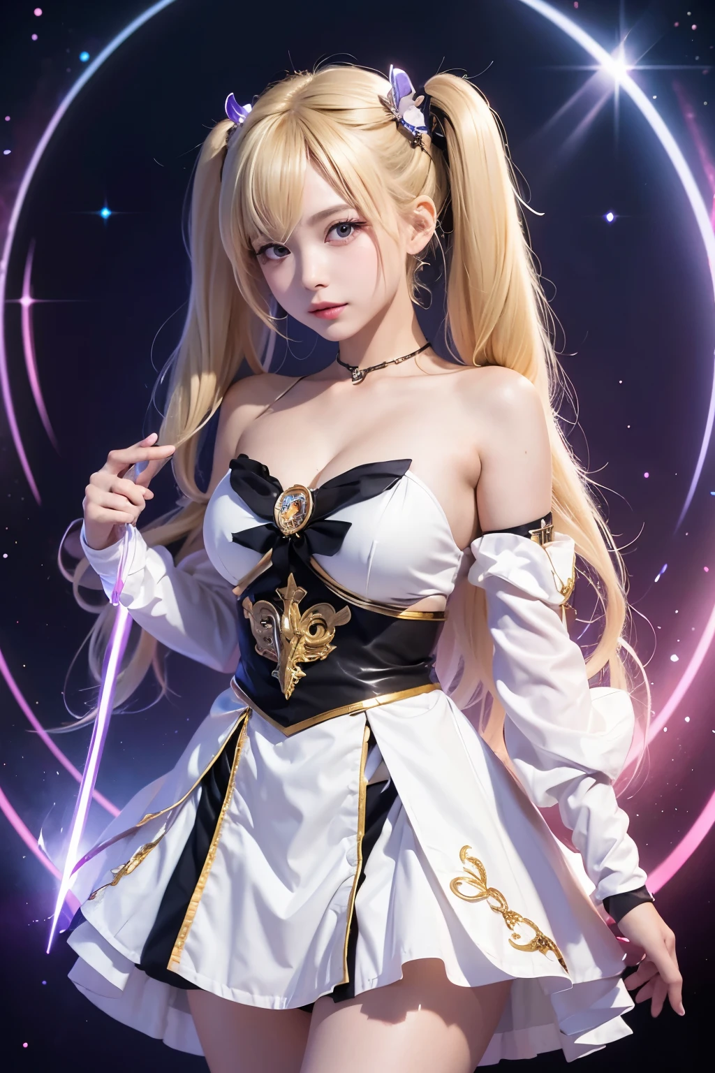 1 magical girl, (Highly detailed CG Unity 8k wallpaper), the most beautiful works of art in the world, magical girl girl, 10 years old, blonde, twin tails, slim and young body, white skin, Clothes with protruding shoulders,  with beautiful face, light purple wizard&#39;s clothes, shine, Surrounded by fantastic light, dark purple dark background, fantastic background, looking at the viewer, fantasy, cinematic lighting