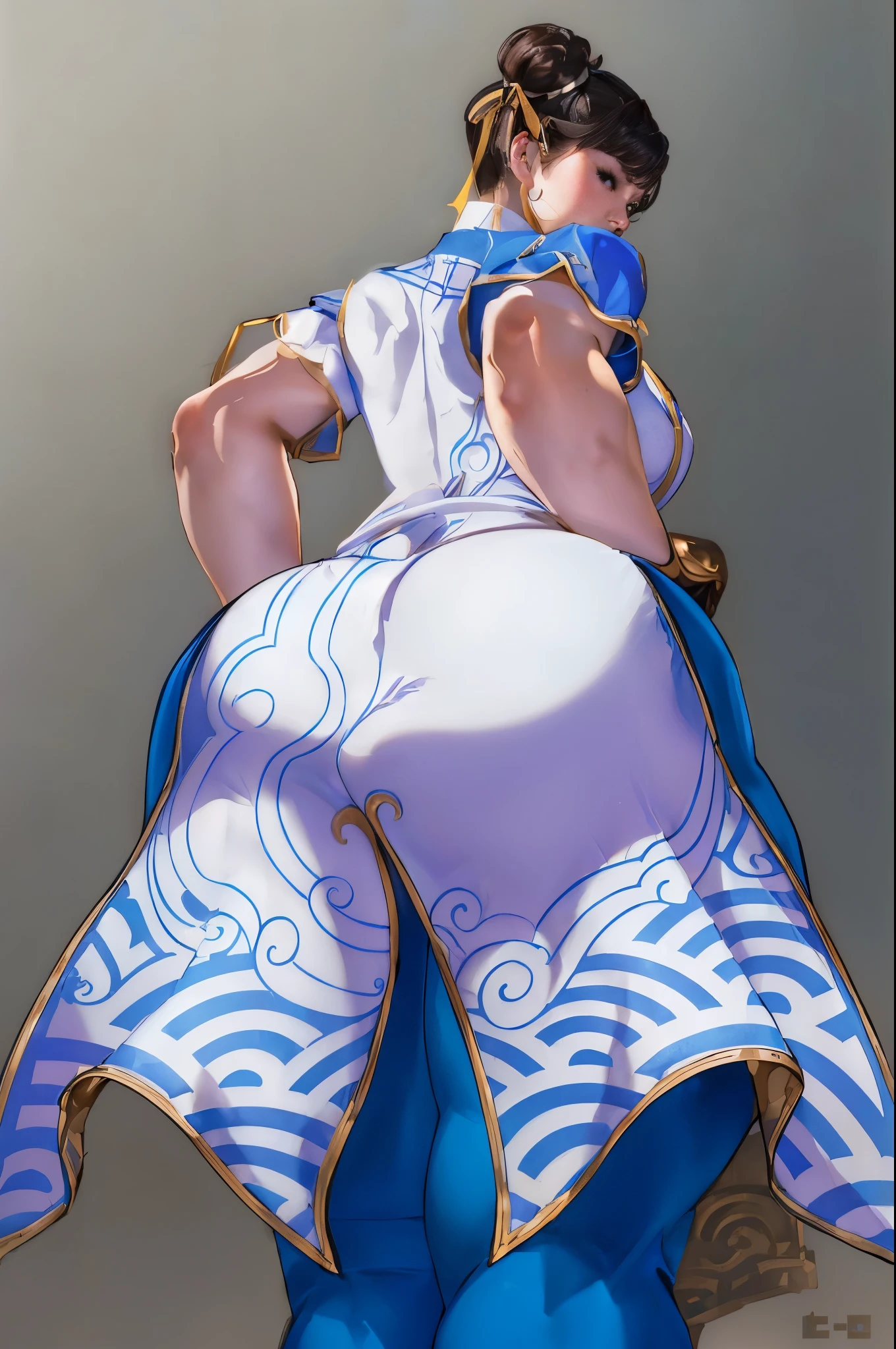 Chun-li (very tight clothing), big breasts, big thighs,big ass,that she is a lesbian and that she kisses with her girlfriend (naked)let them kiss very sexily 