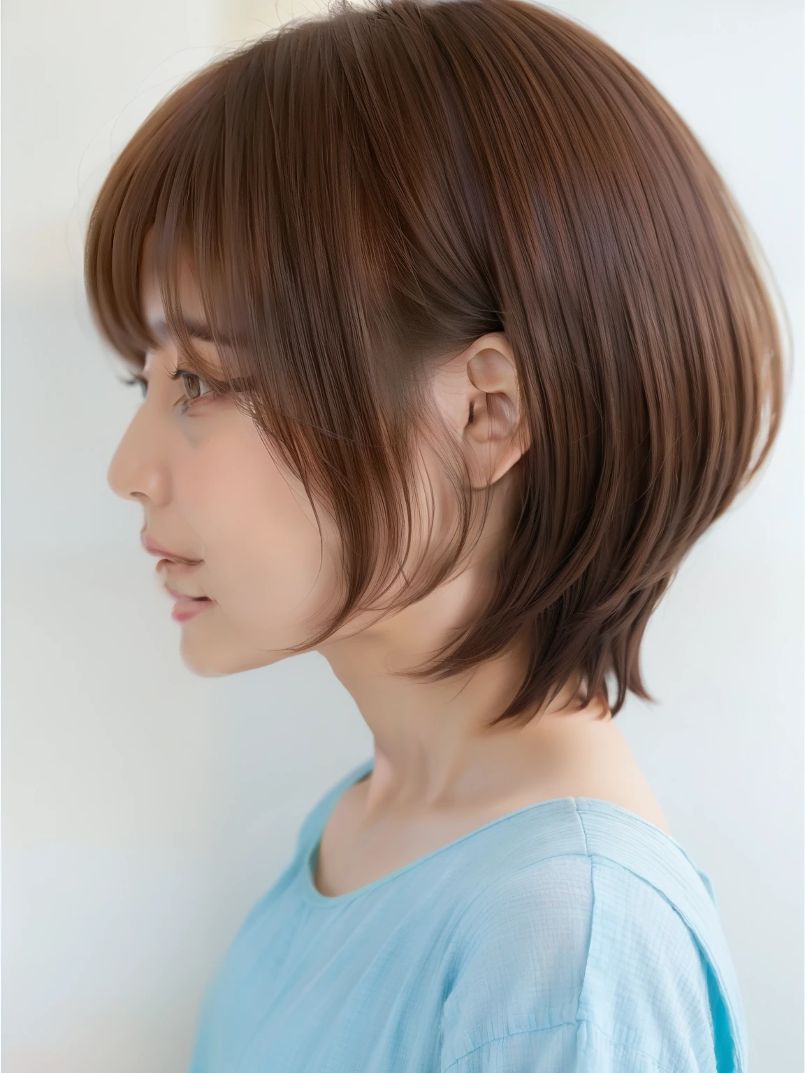 white wall、Taken in front of the white door、(8k、Raw photo、highest quality、masterpiece:1.2)、High-definition RAW color photo、professional photos、(realistic、フォトrealistic:1.37)、Photographed in natural light、1 girl、laughter、(Various poses)、break (ombre:1.3) 、spring clothes、 simple necklace、Light blue long sleeve dress、(Beautiful profile:1.3)、don't look at the camera、shortcut、((brown hair)、short hair、Eye color is dark brown、(Beautiful profile:1.3)、correct hand of human body