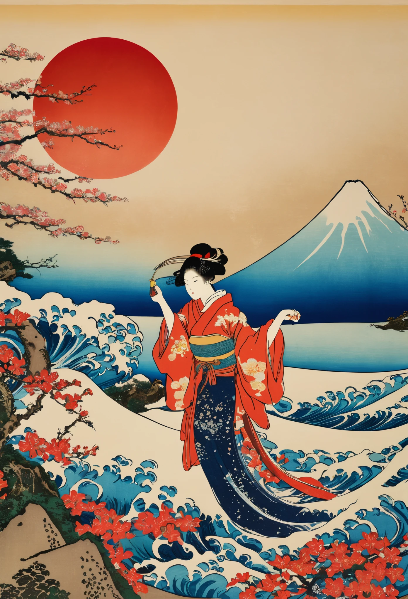 （Ukiyo-e，big wave red sun,rich and colorful,Fuji Mountain）(masterpiece, best quality:1.2),Ukiyo-e风格，The Great Wave off Kanagawa，flowers, birds, fish and insects，tree，animal，(masseter membrane、top quality、Ukiyo-e风格、mystery、Exquisite and beautiful、official art、Sharaku:1.2)、(1 girl in:1.3)、(Fractal art:1.3)、cowboy shooting、White skin、clear fingers，beautiful fingers(beautiful brunette、kimono:1.2)、Set against the backdrop of traditional Japanese performing arts、rich and colorful、(reel、Belongs to Japanese style:1.2)、glowing skin、spread your legs，Camel toe showing thigh!!!、