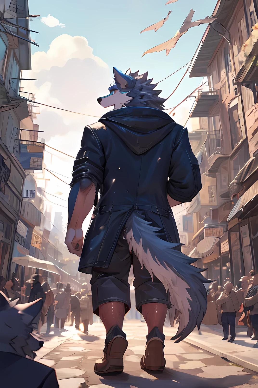 Solo, young furry, furry, young, white fox, white body, white fur, black hat, brown loincloth, masterpiece, Detailed face, big eyebrows, blue eyes, detailed eyes, No muscles, twink, Detailed hands, Flat body, Skinny, Detailed paws, no shirt, no underwear, metal bands on wrists, oversized collar, metal bands on ankles, black scarf, city, night, side view