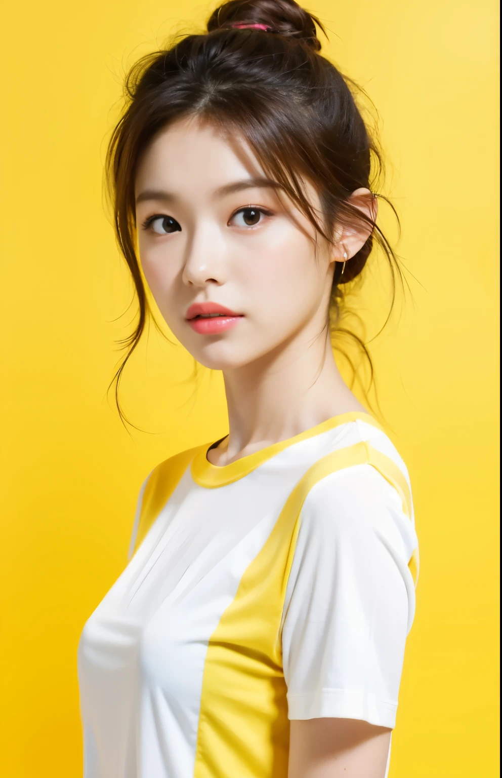 Best quality,masterpiece,ultra high res,(photorealistic:1.4),1girl, White short-sleeved T-shirt, in studio, pastel yellow background,