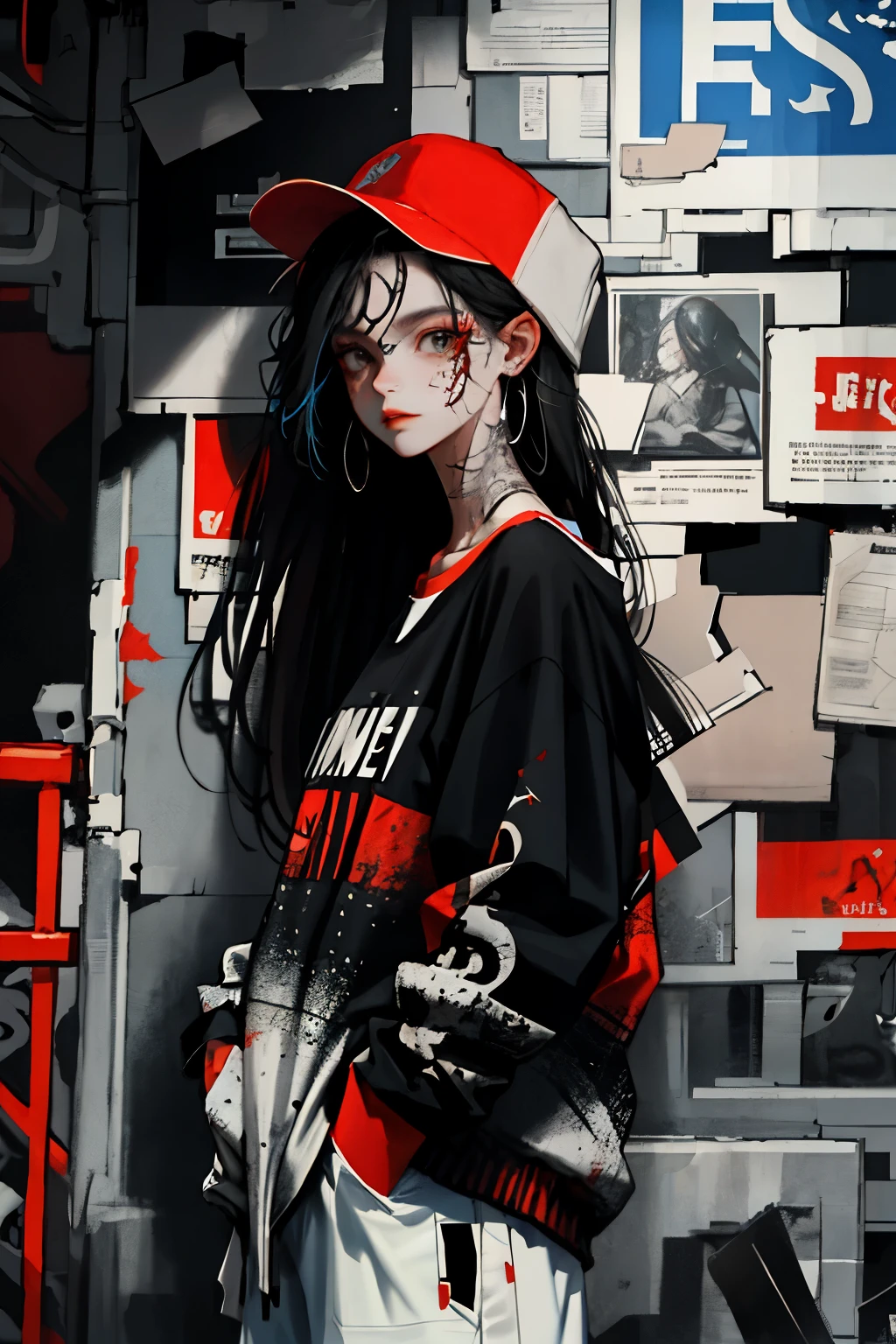 Anime girl with black hair and red hat standing in front of a wall ...