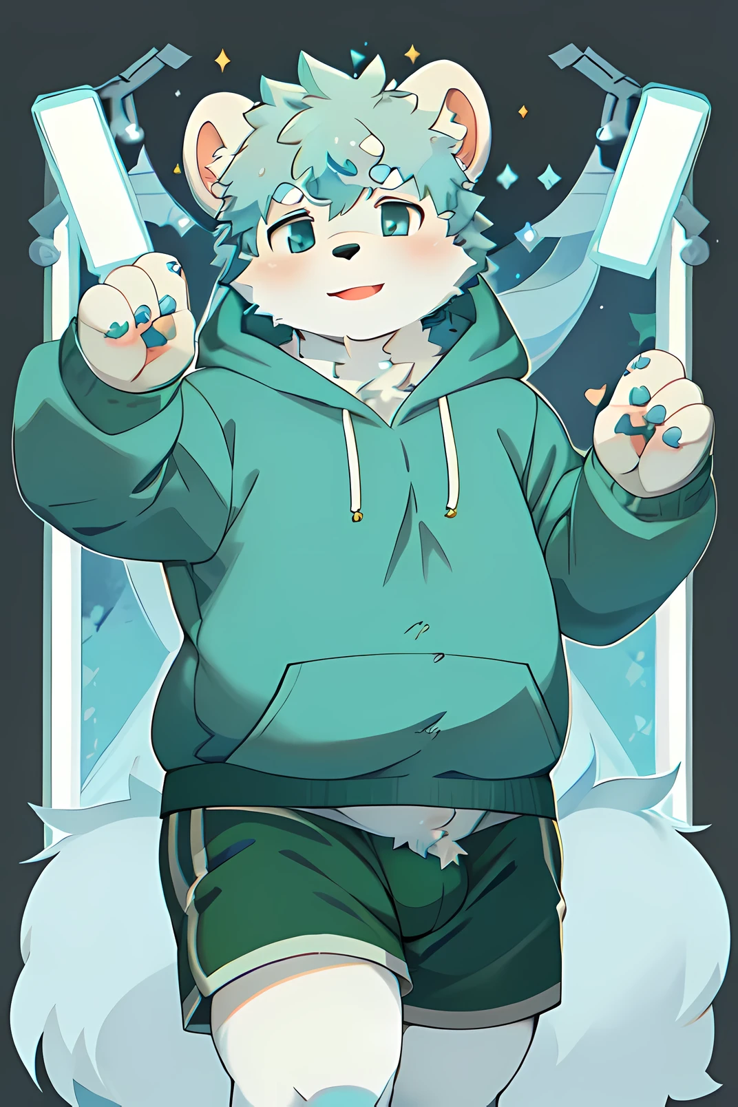 Bear,hairy,charming,vitality,chubby,light blue fur,white ears,blue eyes,light green hoodie,Dark gray shorts