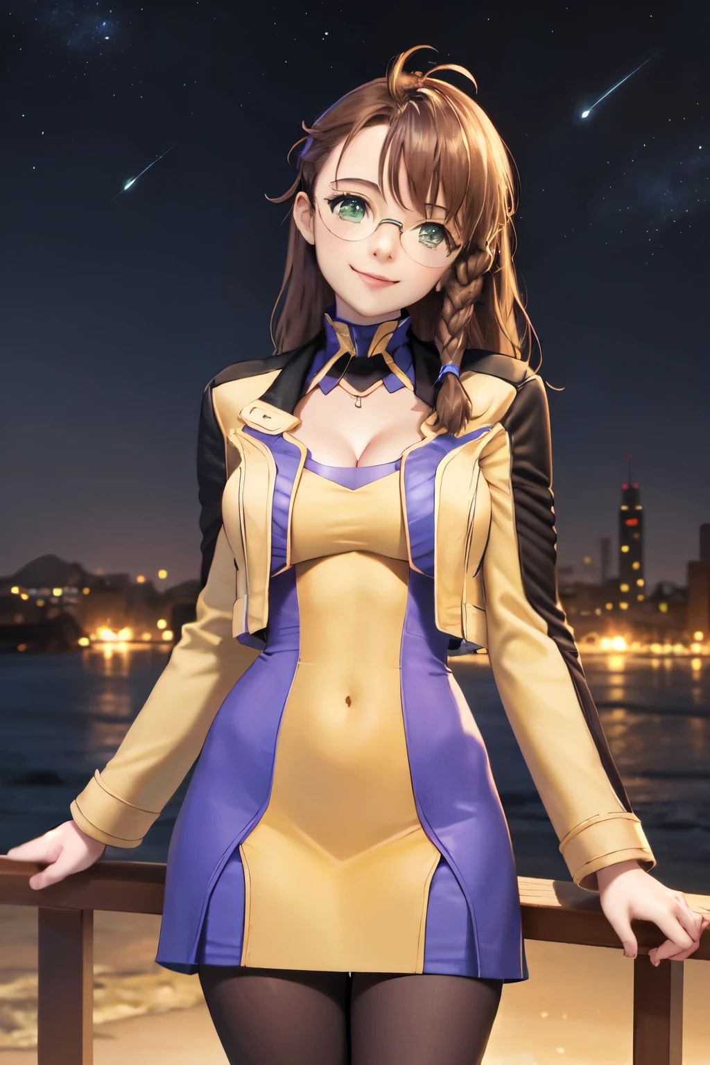 masterpiece, highest quality,  xs1 shion, Glasses, Braid, yellow jacket, cleavage, purple and yellow dress, pantyhose, big breasts, looking at the viewer, smile, Are standing, cowboy shot, closed mouth, head tilt, night sky