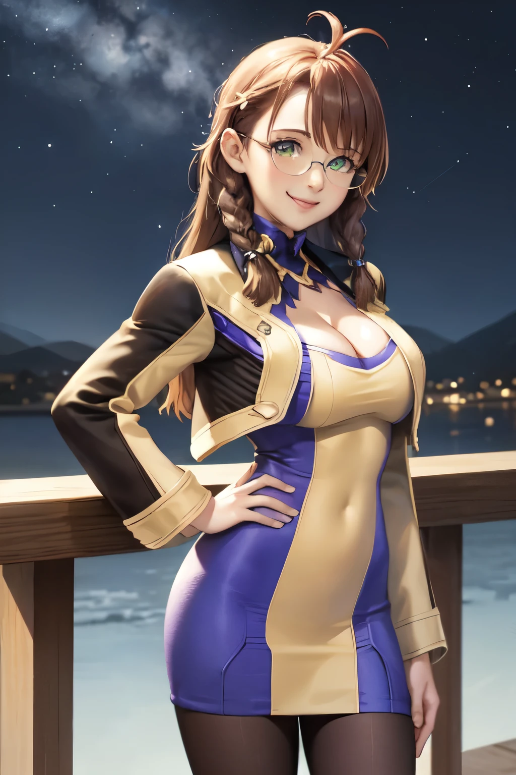 masterpiece, highest quality,  xs1 shion, Glasses, Braid, yellow jacket, cleavage, purple and yellow dress, pantyhose, big breasts, looking at the viewer, smile, Are standing, cowboy shot, closed mouth, head tilt, night sky