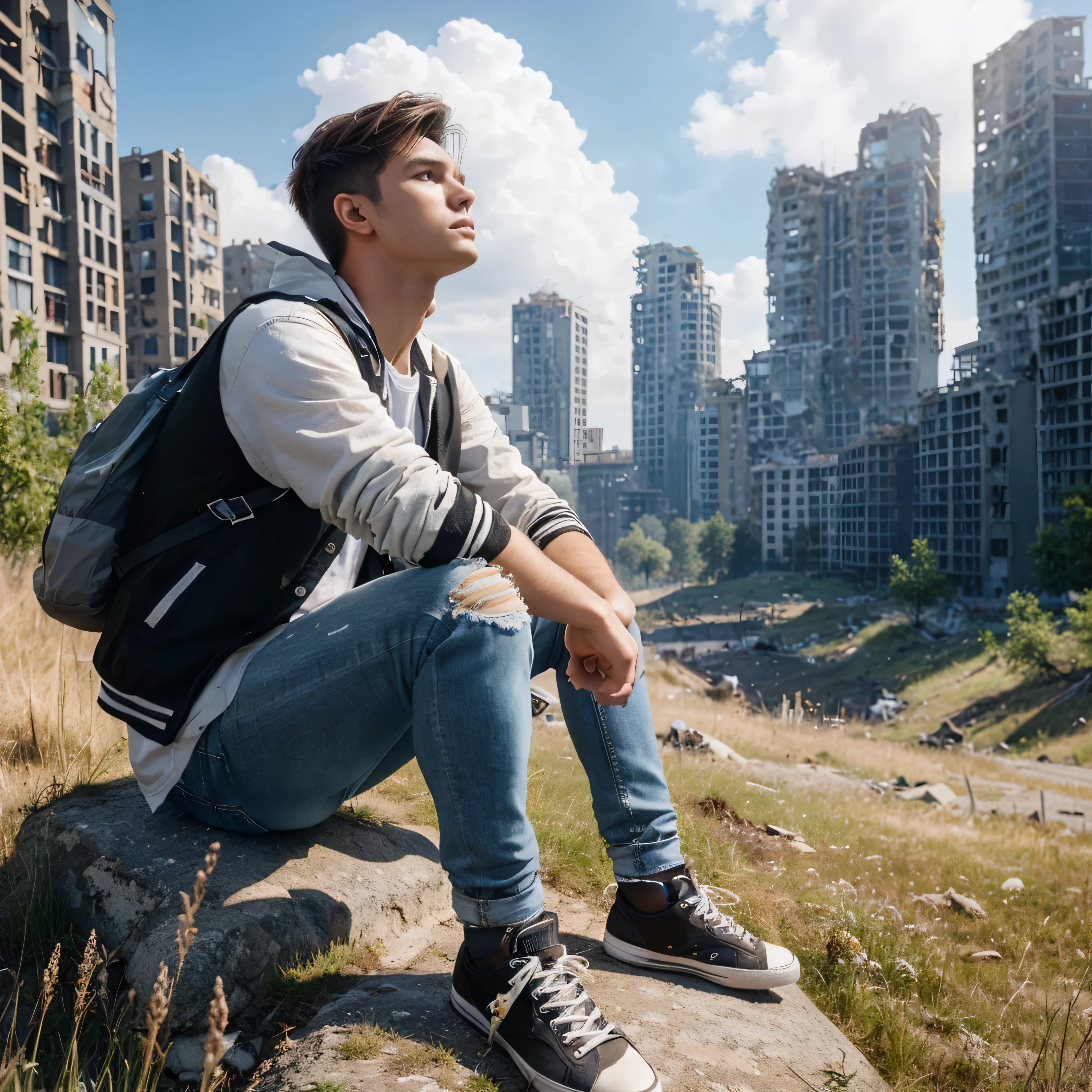 [masterpiece][photography] a man 25 years old with undercut brown hair, wear white shirt with black jacket and blue jeans with sneakers. sitting on a grassy rock looking up to the sky in the middle of ruined town with high building surrounding with trees and grasses. sunny day. alone. unreal engine, photorealistic, hyperdetailed, UHD 128k