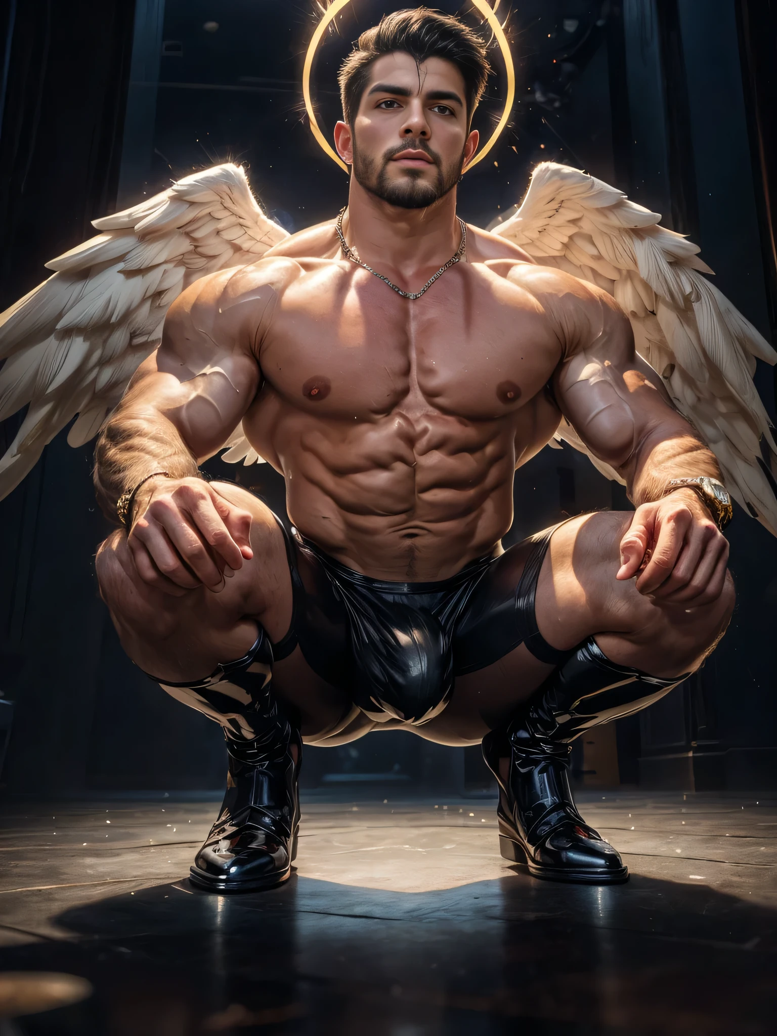 (mid_shot:1.3),(1 male:1.2),(muscle man:1.1),(frontal illumination:1.2),with a silver body and glitters with lights above, black hair, green shade, beard, extreme iridescent reflection,in the style of vray tracing,shiny/ glossy,rococo pastel, vray, silver, shiny eyes,(the young warrior angel:1.2),male characteristics, detailed bulge, full body, squatting