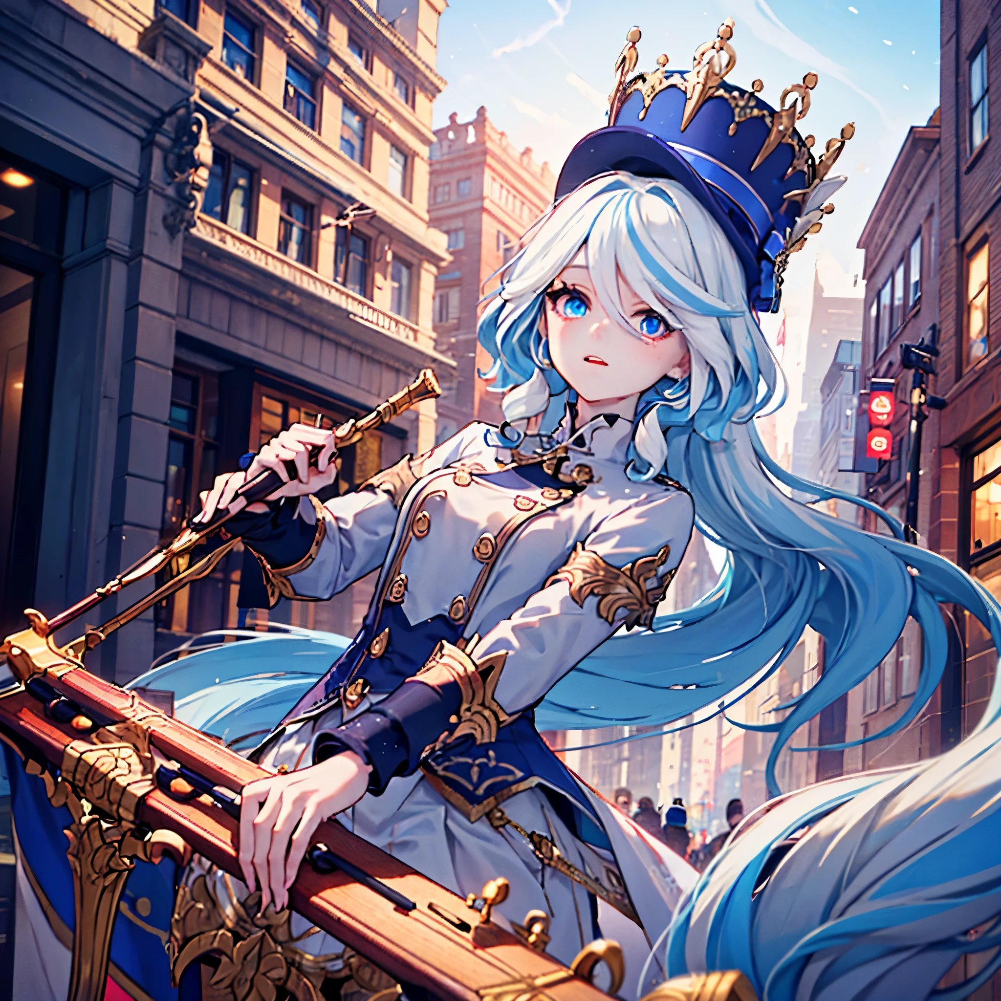 A woman wearing a white martial band uniform with gold details,holding a musical instrument, a white martial band hat, weak blue hair, blue eyes, in a large city at night with several people in the background wearing a martial band uniform.
