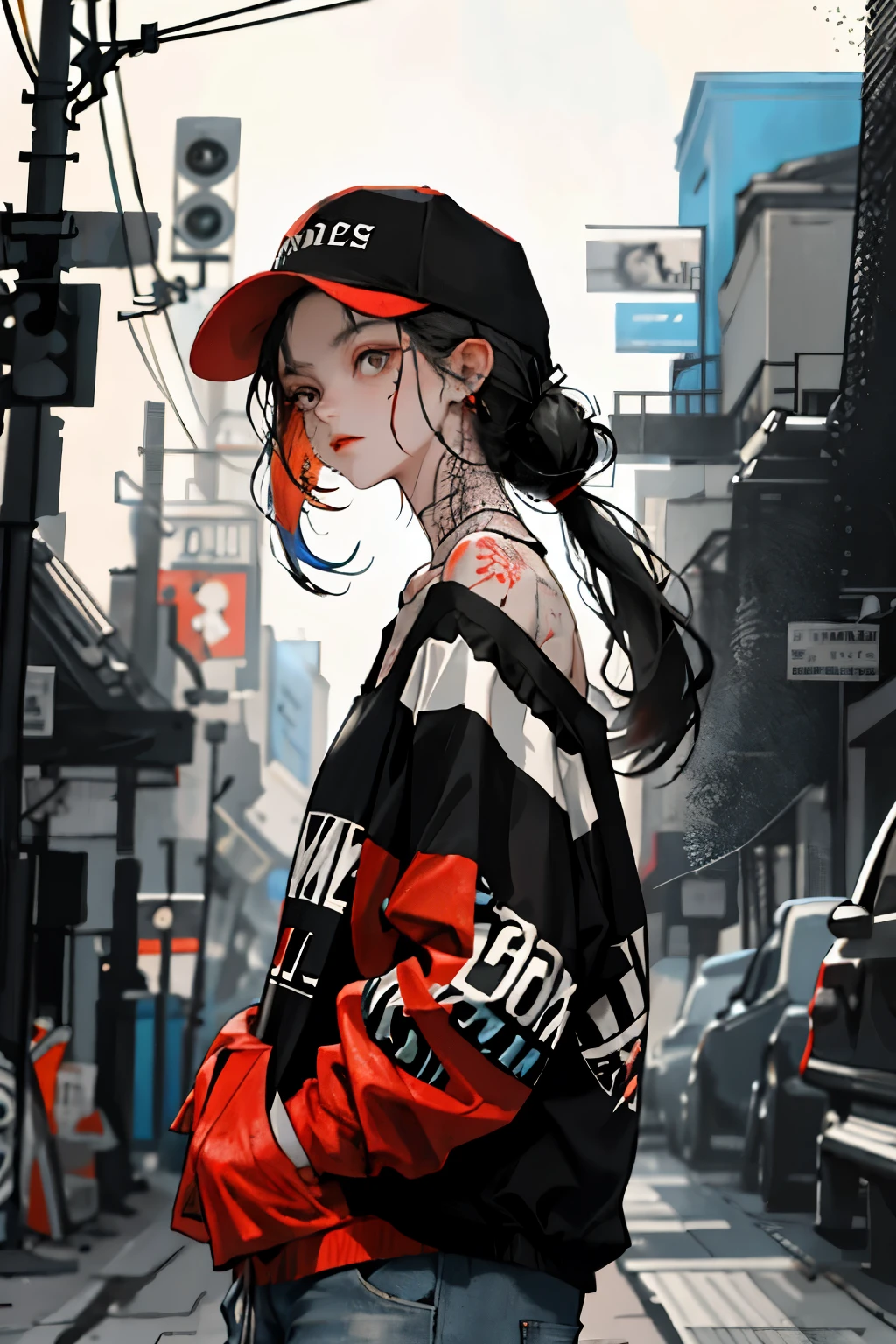 1girll,Back shadow splatter, red paint splatter Sweatshirt(black ish color),face and neck tattoo, An off-the-shoulder garment,baseball cap,Alchemy Laboratory,the mystery of unknown territories,Put your hands in your pockets,random colorful long hair,Shoulder-length hair,Black eyes,Game scene graph, raining street background