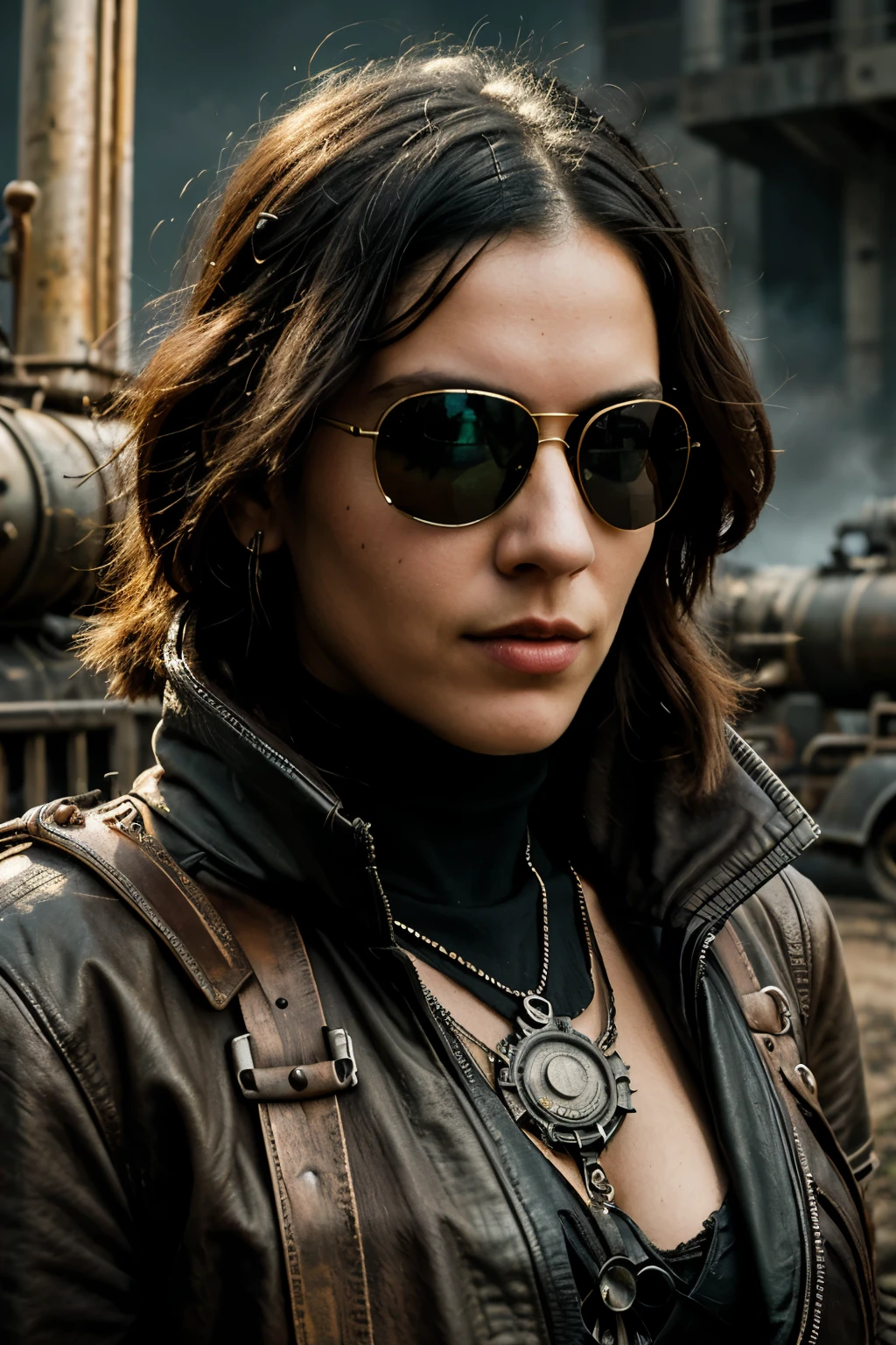 ambiente steampunk, dramatic art, estilo de arte dieselpunk, apocalyptic road warrior vibe, a girl wearing beautiful mirrored sunglasses that reflects everything around her, arte digital surrealista, Mad Max inspirado, heavy metal artwork, simetria da face cromada, arte steampunk digital, no estilo Mad Max, metal art, not art style by Filip Hodas, arte digital steampunk, dieselpunk, em um mundo hightech