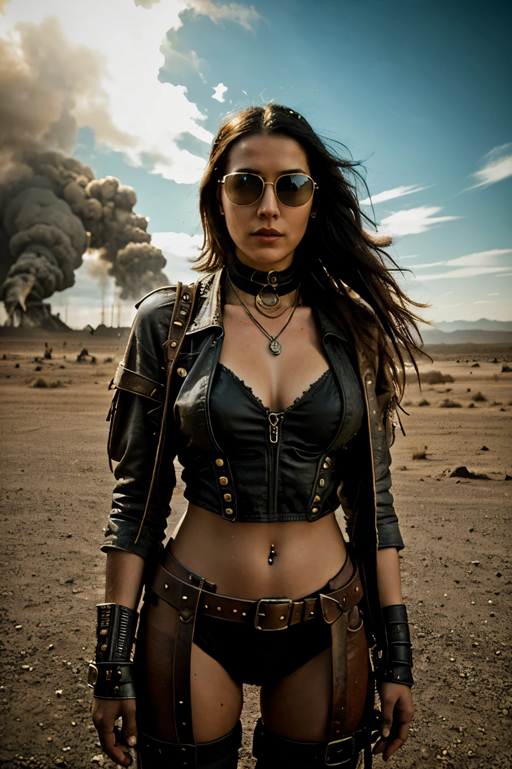 ambiente steampunk, dramatic art, estilo de arte dieselpunk, apocalyptic road warrior vibe, a girl wearing beautiful mirrored sunglasses that reflects everything around her, arte digital surrealista, Mad Max inspirado, heavy metal artwork, simetria da face cromada, arte steampunk digital, no estilo Mad Max, metal art, not art style by Filip Hodas, arte digital steampunk, dieselpunk, em um mundo hightech

