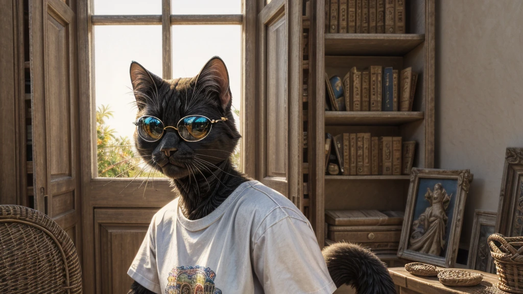 4k, masterpiece, high resolution, extremely complex) (actual: 1.4), light, a black cat, focus only, summer noon, hot, 1990s (style), denim lenses, indoor, Short sleeve T-shirt，classical，