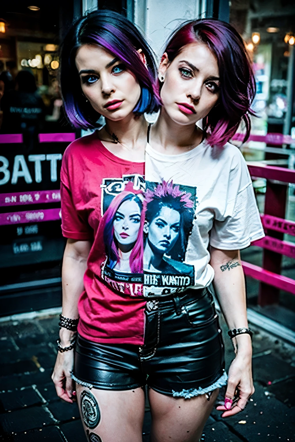 2heads, two headed woman, age 24, pale skin, short black hair with magenta streaks in front, punk rock fashion,