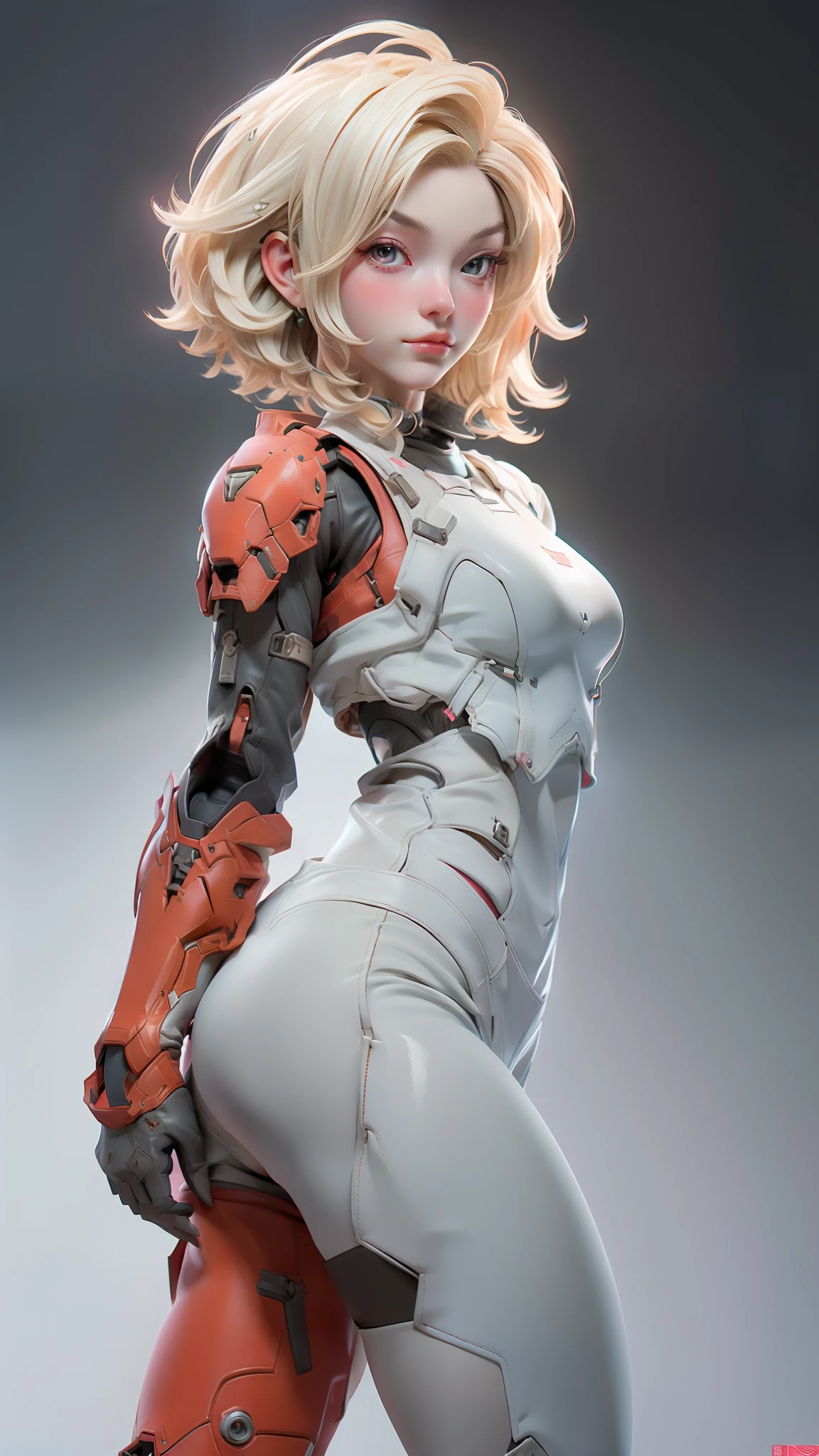 beautiful face woman、blonde、white background、 Beautiful woman、18-year-old、Beautiful woman、ultra-realistic photography、high resolution photos、Red Lipstick Andalorian Style Metal Armor Skirt Suit、Not much skin exposed、Don't cut your head off the screen、tartan check、there's pink there、facing the front