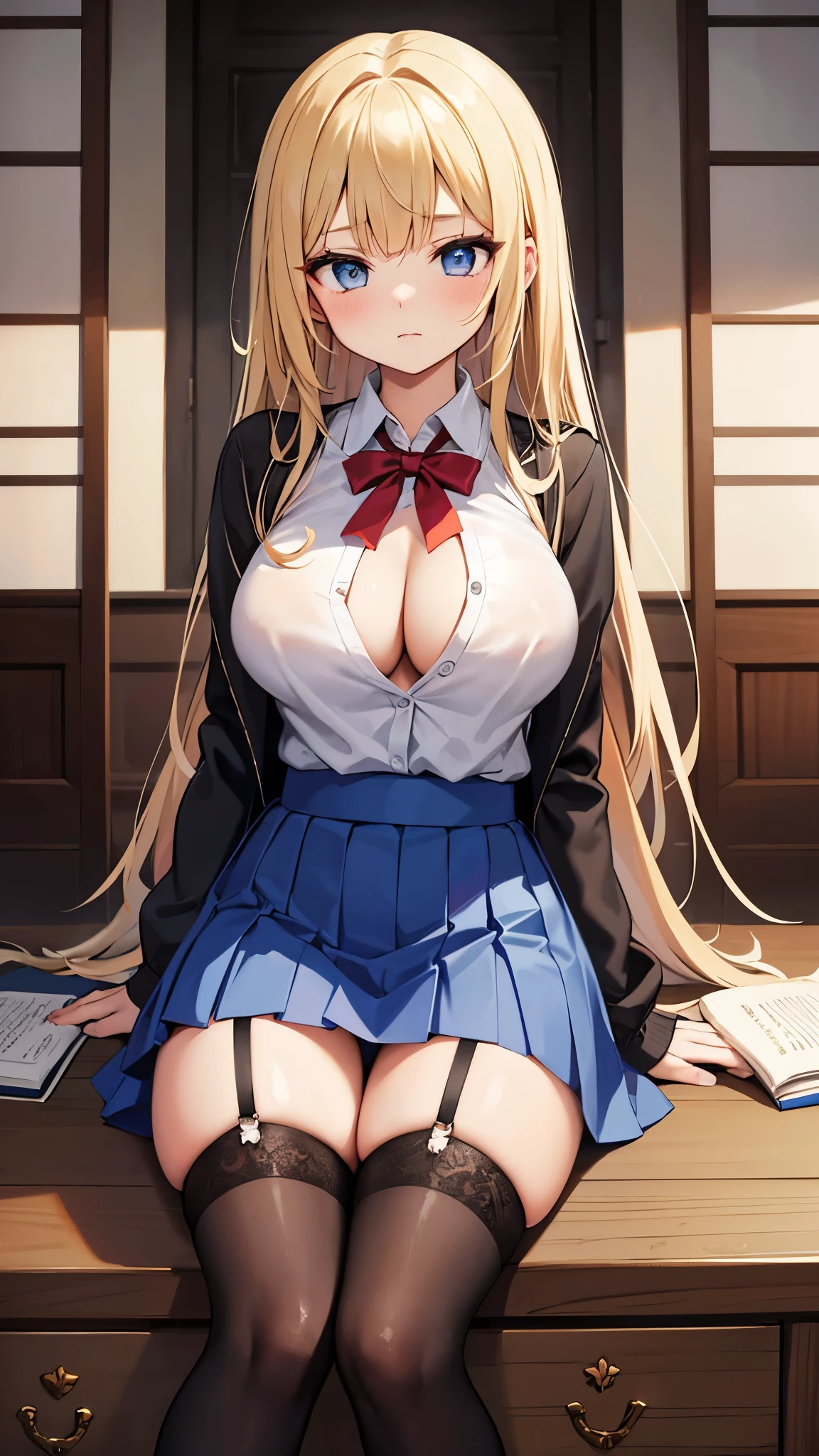 an anime picture of a woman with a very noticeable rack on display, 1girl, breasts, skirt, thighhighs, blue eyes, solo, cleavage, blonde hair, garter straps, shirt, long hair, looking at viewer, blush, blue skirt, open clothes, sitting, bangs, white shirt, large breasts, black thighhighs, collared shirt