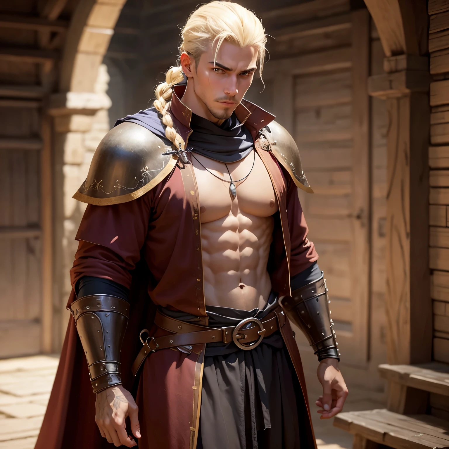 Bakugou Katsuki, long blonde hair with braids, red eyes, he is dressed in medieval pants, is shirtless, but wears a cape with animal fur, perfect appearance, high resolution, full body. Set in a medieval castle made of marble. His expression is pretentious.