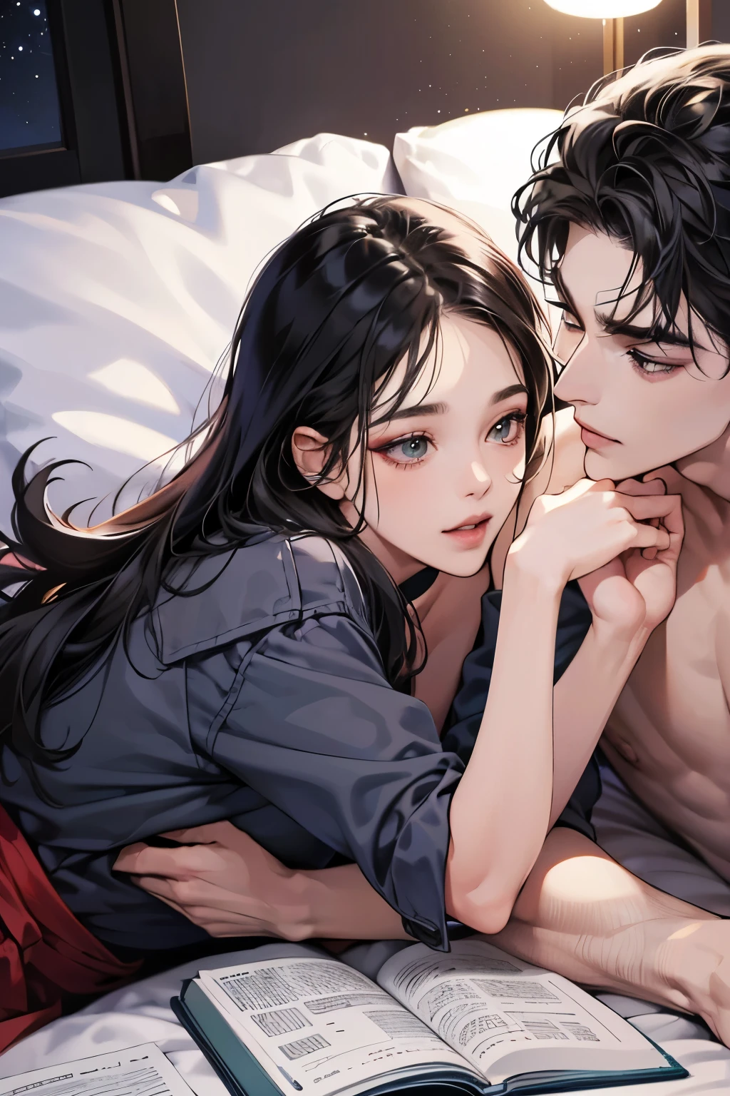 (table top, digital art, digital illustration,like the photo、4k, 8k, Super detailed, beautiful images, clear image, realistic, RAW photo, perfect face, perfect lines, perfect eyes,) 1 female, (long black hair,straight hair,bullish look,Beautiful woman,suit,solid makeup,small breasts、23 year old female,:1.3),secretary, suitを着たハンサムな男性 2 人, (human,suitを着た男,muscular,solid shoulder width, human,boyish hairstyle,british gentleman's style,A man in his 30s with a cool expression,28 year old man with a bright smile:1.2),Moonlight night、City of night、Moon and light、illumination、couple、coupleキス、romance、romanceポルノ、look at each other、hug each other