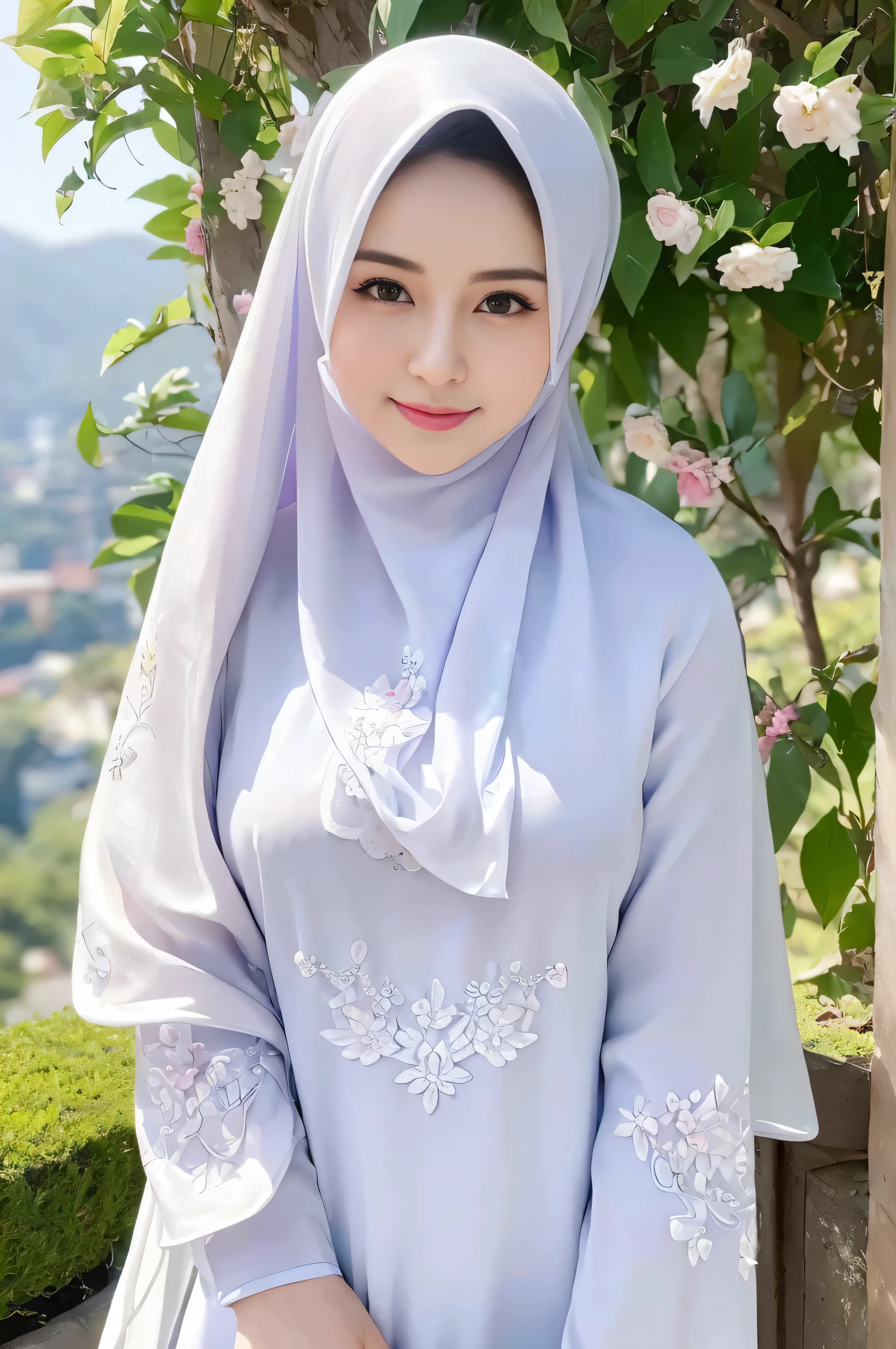 ((Marian rivera)), (8K, best quality:1.2), beautiful Smile, seduced smile,  Diamond Necklace, earring, White skin, shiny skin, (( breast:1.3)), (masterpiece:1.37), (photo, photorealistic:1.37), (ultrahigh-res),Full Body, shot from back, slow motion, (insanely detailed, bloom:1.5), (highest quality, Alessandro Casagrande, Greg Rutkowski, Sally Mann, concept art, 4k), (analog:1.2), (high sharpness), (detailed pupils:1.1), detailed face and eyes, Masterpiece, best quality, (highly detailed photo:1.1), (bedroom background:1.2), photographed by Canon EOS R6, 135mm, 1/1250s, f/2.8, ISO 400, Realistic, 8k, ((masterpiece)), looking at the viewer, long hair, ((wavy hair)), (detailed), detailed face, white skin, Glowing Skin,  bright room, outdoor at temple, ((Wearing Silk Silver embrodery Aodai with closed hijab))