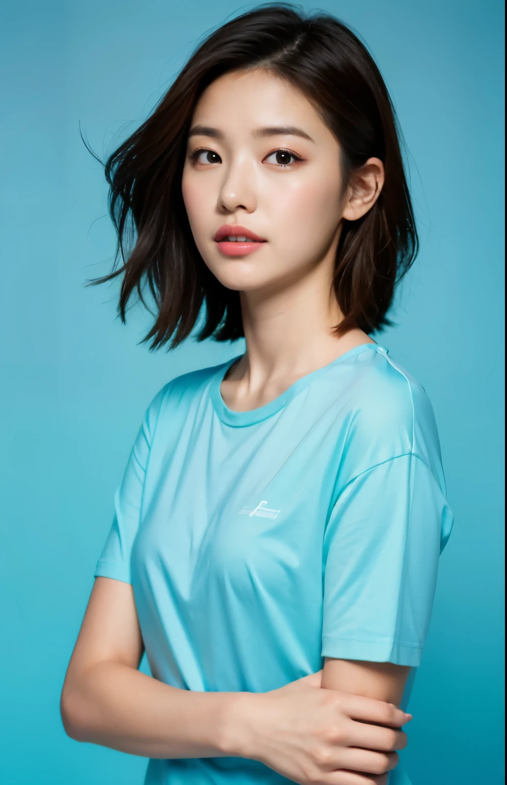 Best quality,masterpiece,ultra high res,(photorealistic:1.4),1girl, happy feelings, blue short-sleeved T-shirt, in studio, pastel blue background,