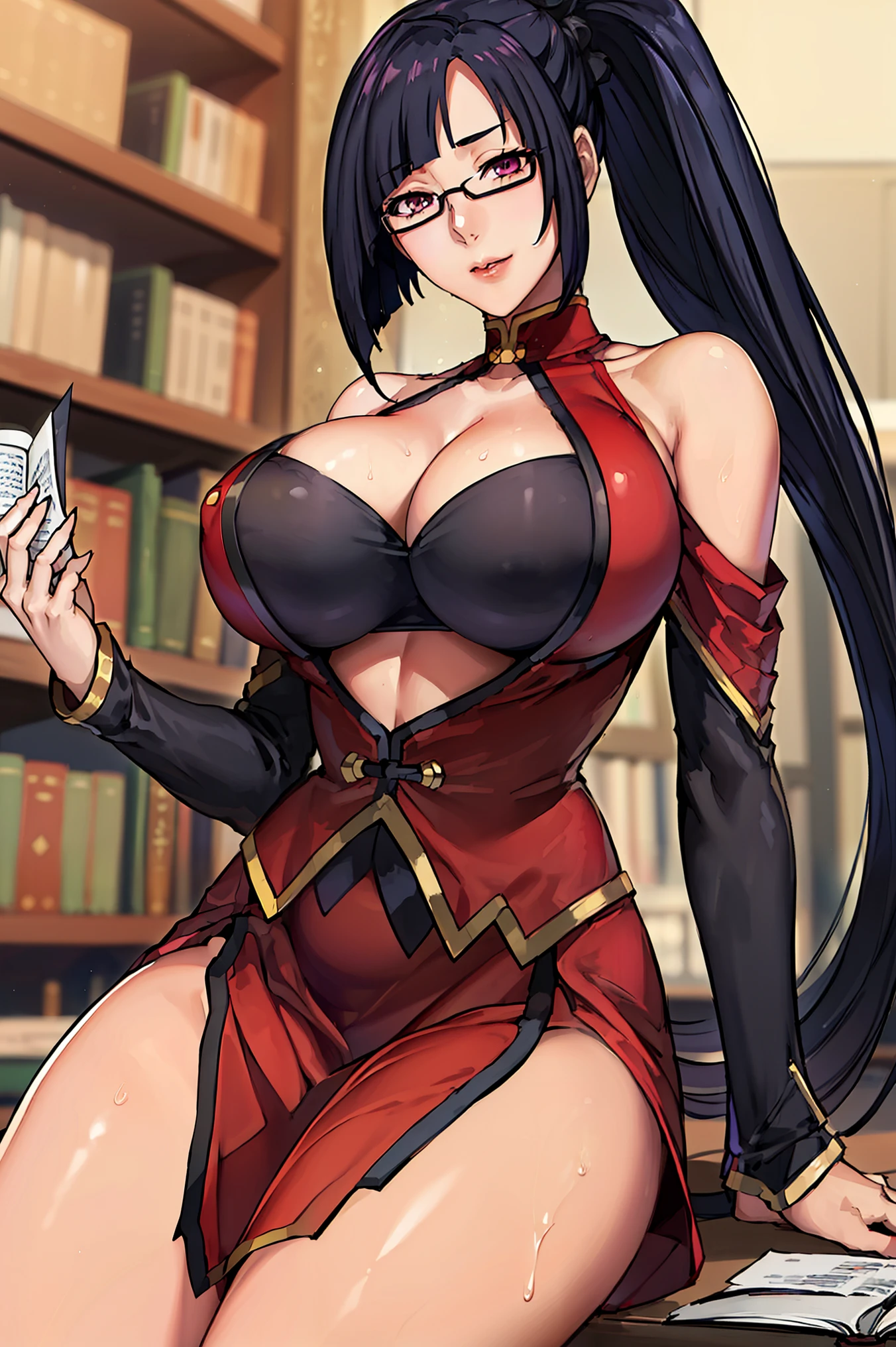 very tempting pose, reading a book, (at library), (library background), Red dress, chinese clothes, cleavage cutout, clothing cutout, bare shoulders, semi-rimless eyewear, black hair, very long hair, ponytail,Bangs,purple eyes, 1 girl, 20yo,Young female,Beautiful Finger,Beautiful long legs,Beautiful body, Beautiful Nose,Beautiful character design, perfect eyes, perfect face,expressive eyes, perfect balance, looking at viewer,(Focus on her face), official art,extremely detailed CG unity 8k wallpaper, perfect lighting,Colorful, Bright_Front_face_Lighting,White skin, (masterpiece:1.0),(best_quality:1.0), ultra high res,4K,ultra-detailed, photography, 8K, HDR, highres, absurdres:1.2, Kodak portra 400, film grain, blurry background, bokeh:1.2, lens flare, (vibrant_color:1.2),professional photograph, (Beautiful,huge_Breasts:1.4), (beautiful_face:1.5),(narrow_waist)