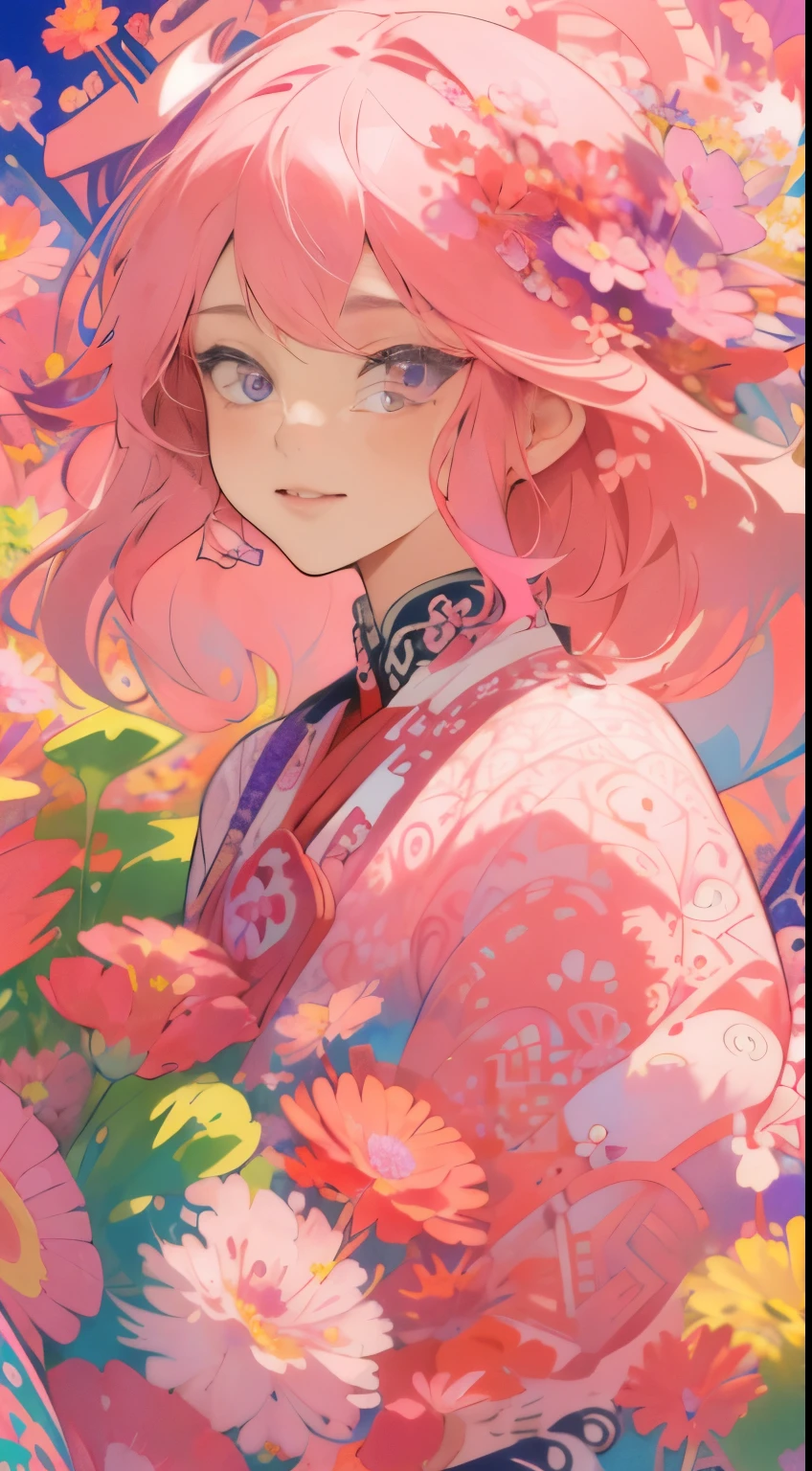(ultra-detailed background: 1.5), Absurdres, Highres, Ultra detailed, Extremely detailed,
(1girl: 1.3), Yae Miko, Pink hair, Purple eyes, (Bunch of flowers: 1.3), (Zentangle: 1.2), (Geometric: 1.2), (Colorful: 1.4),
The ultra-detailed background is a breathtaking work of art, filled with intricate patterns and vibrant colors. It's a world of its own, resembling a zentangle or geometric design, meticulously created with each line and shape accentuated. The