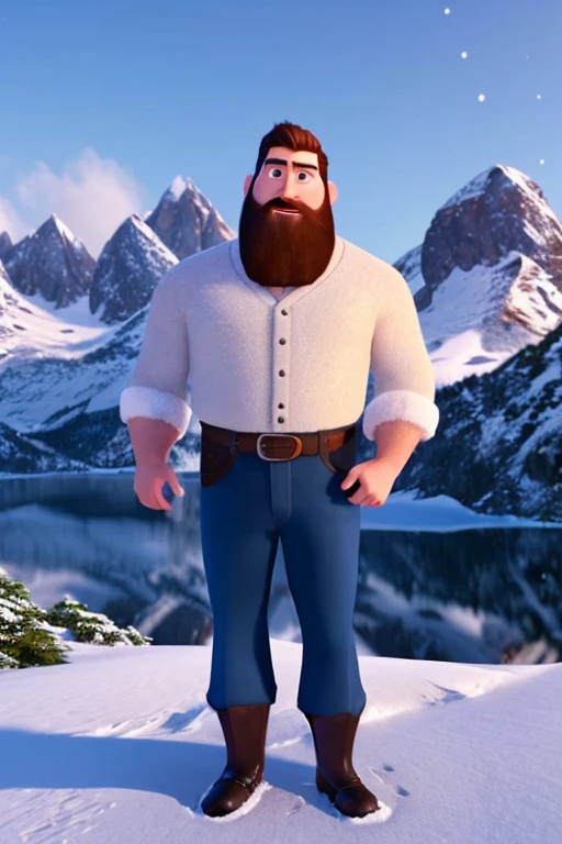 A handsome man with a beard is standing in front of a snowy mountain，4K，Pixar style