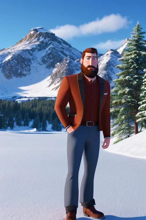 A handsome man with a beard is standing in front of a snowy mountain，4K，Pixar style