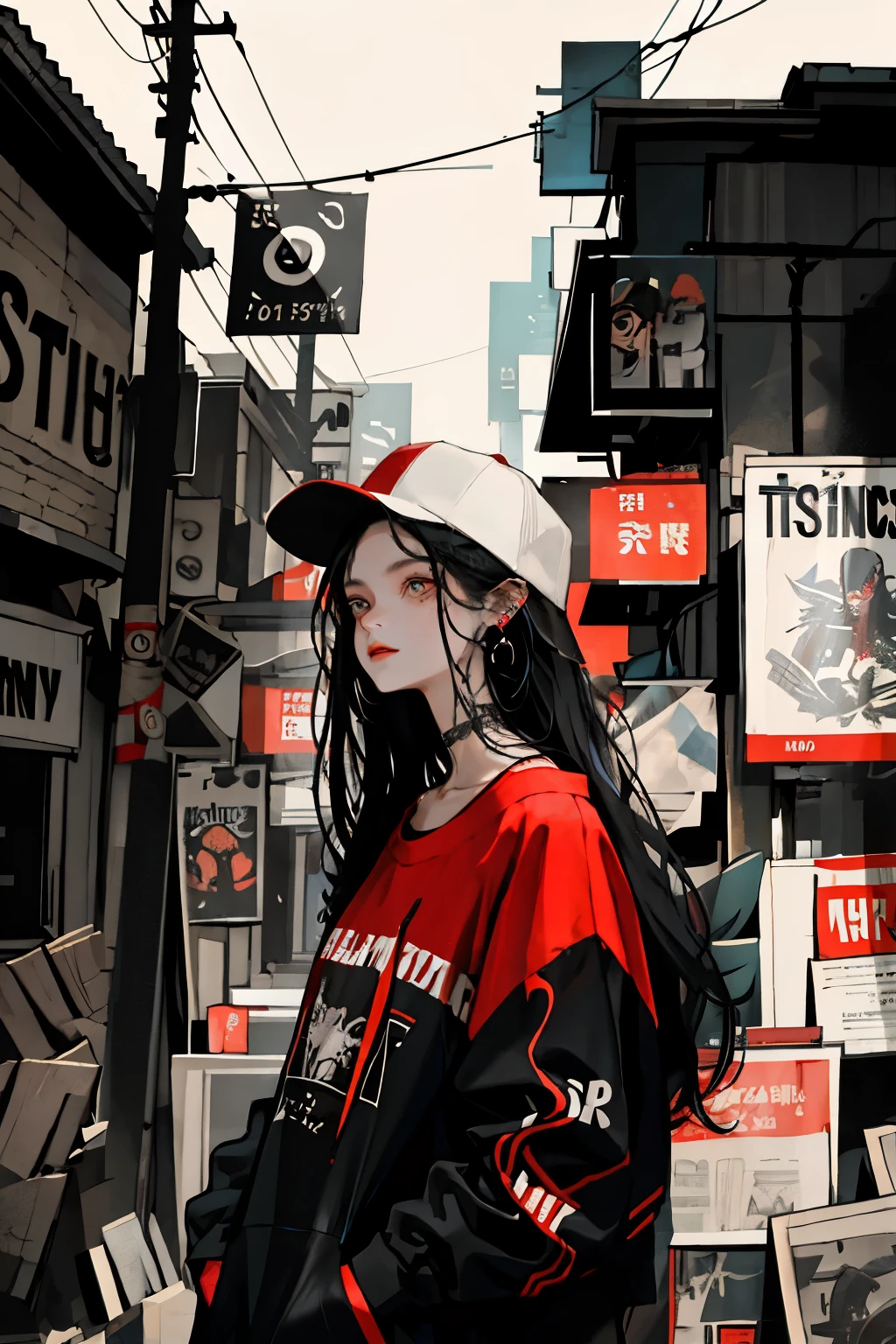 1girll,Back shadow splatter, red paint splatter Sweatshirt(black ish color),face and neck tattoo, An off-the-shoulder garment,baseball cap,Alchemy Laboratory,the mystery of unknown territories,Put your hands in your pockets,random colorful long hair,Shoulder-length hair,Black eyes,Game scene graph, raining street background