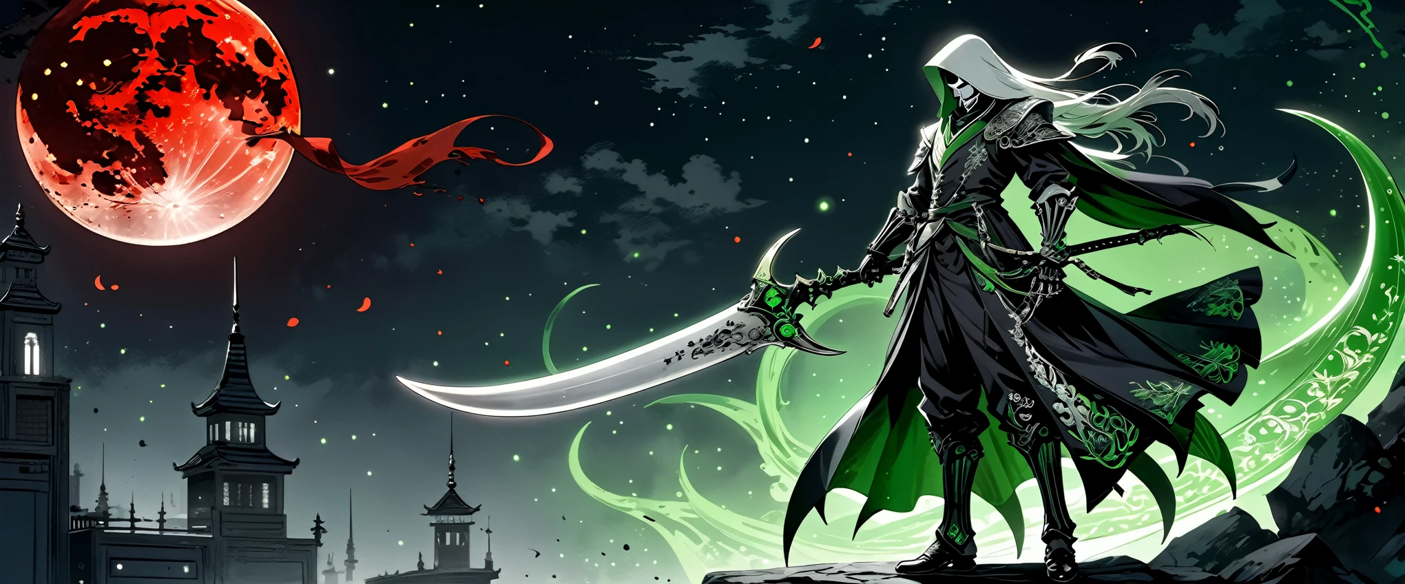 (best quality,4k,8k,high-rise,masterpiece:1.2),Super fine,(lifelike,Photos are real,照片lifelike:1.37),crescent blade,Curved sharp,complex patterns,engraved blade,sparkling,scary green light,Skeleton holding sickle,long handle,dripping blood,Blood keeps dripping,Gray background,Full body long-range shot,The huge crescent sickle shines against the red moon,