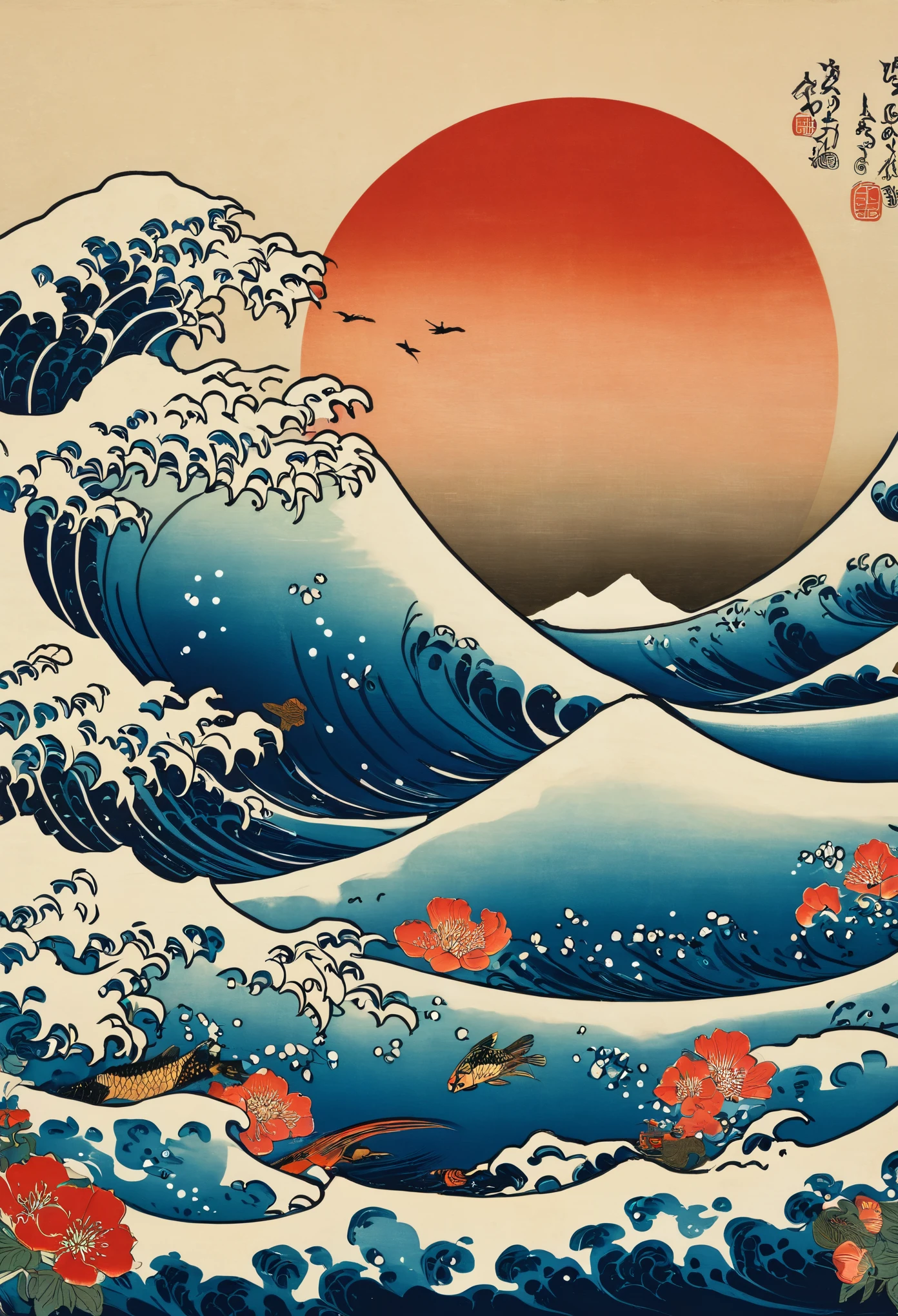 （Ukiyo-e，big wave red sun,rich and colorful,Fuji Mountain）(masterpiece, best quality:1.2),Ukiyo-e风格，The Great Wave off Kanagawa，flowers, birds, fish and insects，tree，animal，