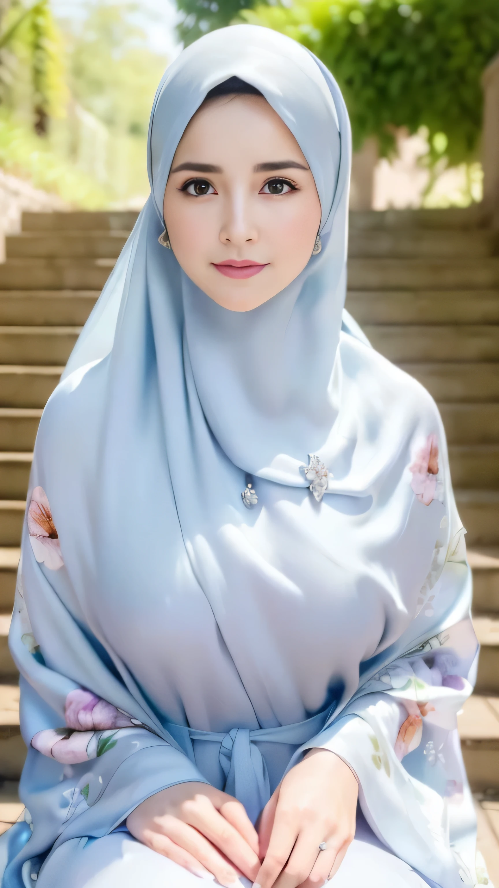 ((Marian Rivera)), (8K, best quality:1.2), beautiful Smile, seduced smile,gigantic breast:1.4, sitting on a set of stairs, (( wearing a silver silk floral kaftan with closed hijab)), Tall Body, beautiful faces, earrings,  feminine in cute pastel shadeasterpiece:1.37), (photo, photorealistic:1.37), (ultrahigh-res),Full Body,  slow motion, (insanely detailed, bloom:1.5), (highest quality, Alessandro Casagrande, Greg Rutkowski, Sally Mann, concept art, 4k), (analog:1.2), (high sharpness), (detailed pupils:1.1), detailed face and eyes, Masterpiece, best quality, (highly detailed photo:1.1),