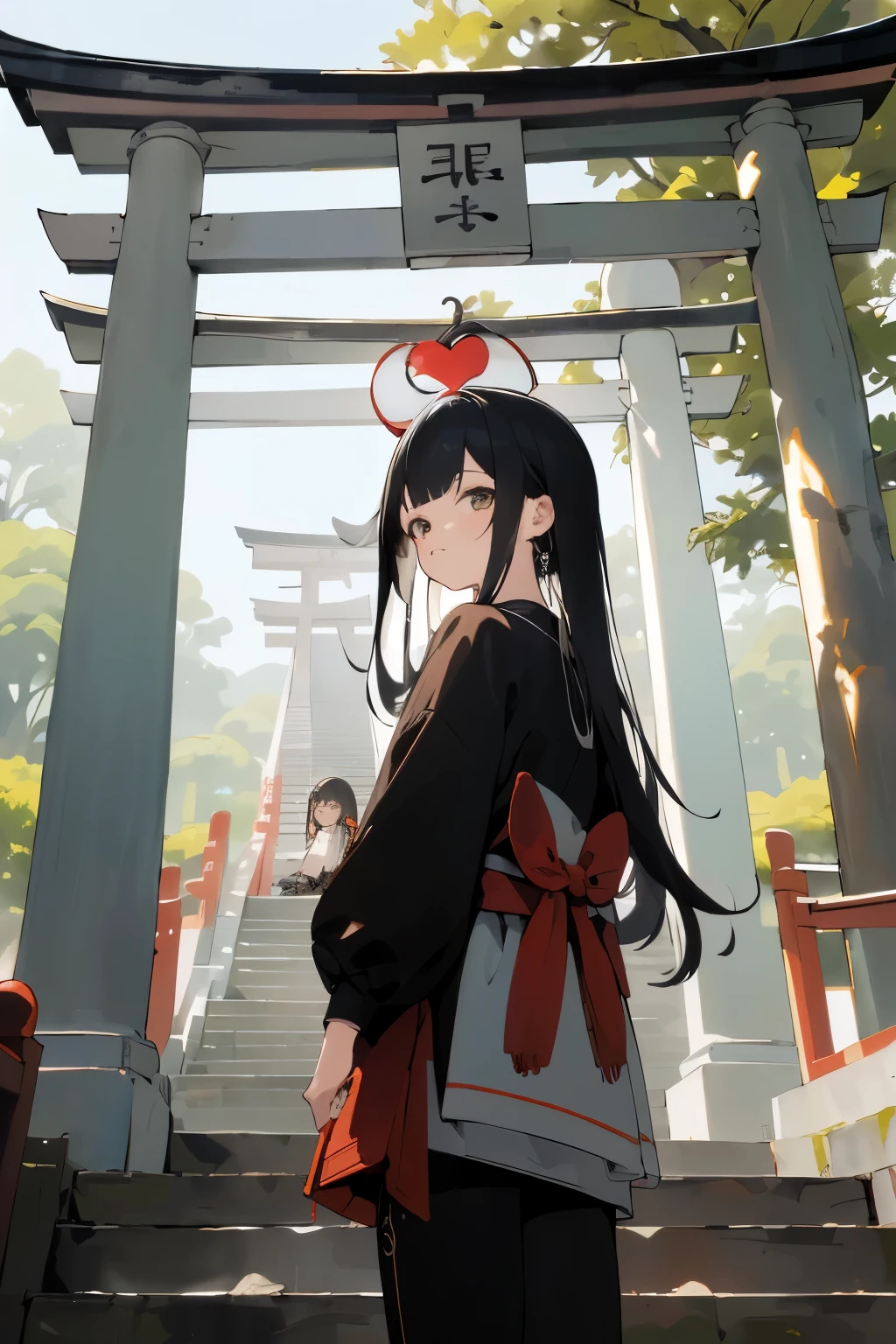 ((obra de arte,melhor qualidade)),2 meninas, black quimono, legging preta, black fita, Cabelo preto, flores de cerejeira, dia, flor, coque de cabelo, hair fita, roupas japonesas, quimono, Cabelo longo, olhando para o espectador, looking back, several girls, the heart, ao ar livre, olhos vermelhos, cabelo vermelho, fita, sandals, single coque de cabelo, escadaria, Standing, statue, torii, tree, white quimono, olhos amarelos