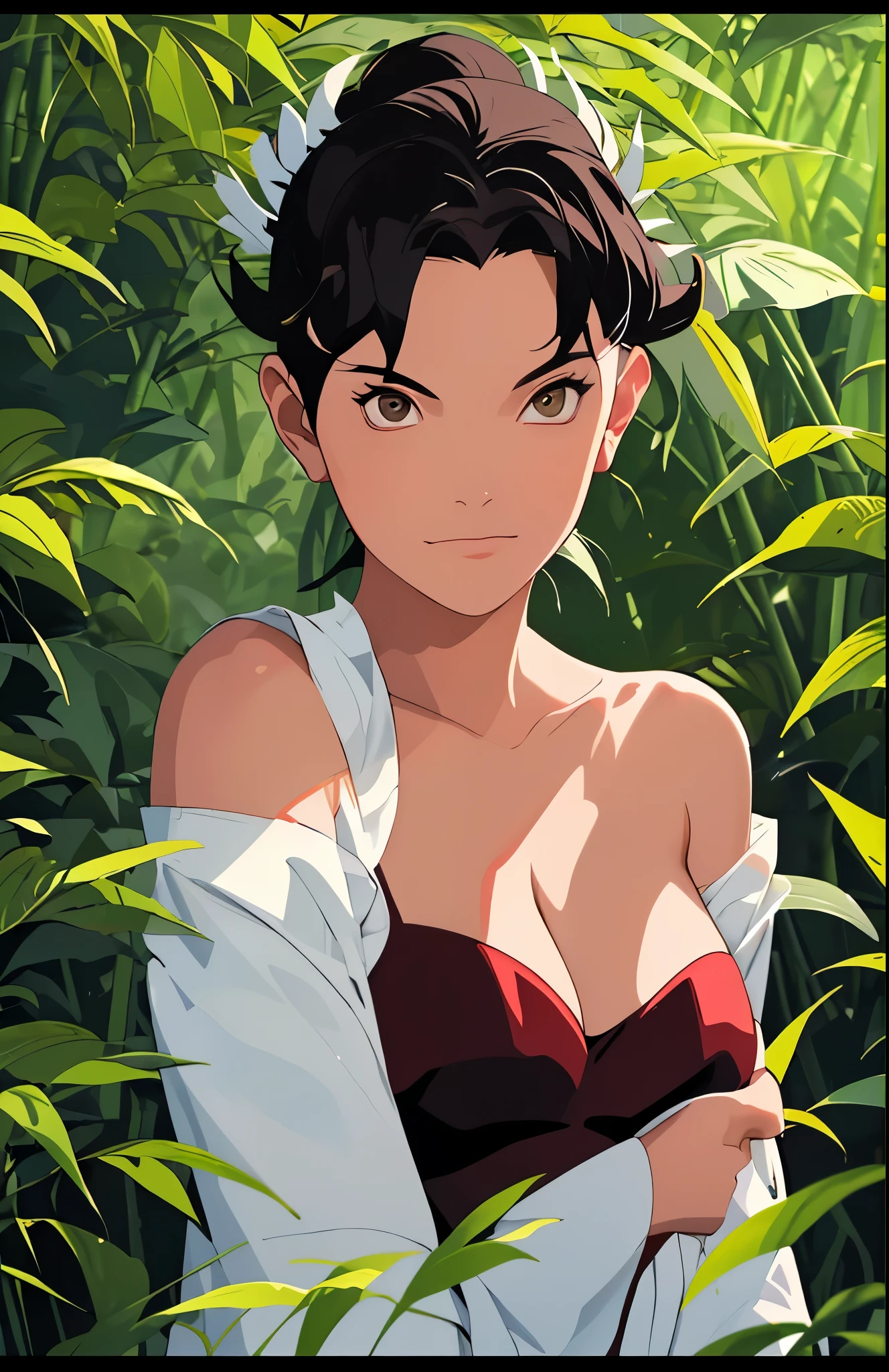 tmasterpiece, best quality, 1girl, butterflys, the night, The upper part of the body,cleavage，White clothes，bamboo forrest，ninjartist，Off-the-shoulder attire，looks into camera，Be red in the face，ssmile，largeeyes，Close-up