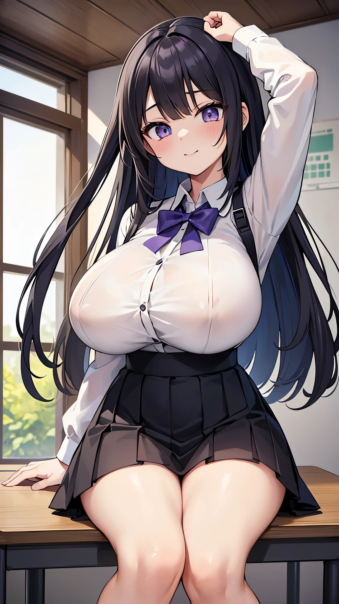 ShioriNishimura,((masterpiece)), ((best quality)), (ultra-detailed), ((extremely detailed)), 4K, (8K), best quality, (beautiful), illustration2, extremely detailed game CG, look up from below, school, in the classroom, a cute girl, 1girl, solo, school uniform, beautiful black hair, beautiful purple eyes, ((beautiful eyes)), white-skinned, long hair, fat, overweight, light smile, white shirt, ((((very big tits))), white shorts, sheer black knee socks, tulle skirt, thighs, detailed lighting, more_details:-1, more_details:0, more_details:0.5, more_details:1, more_details:1.5, fistful_of_yen,pov,