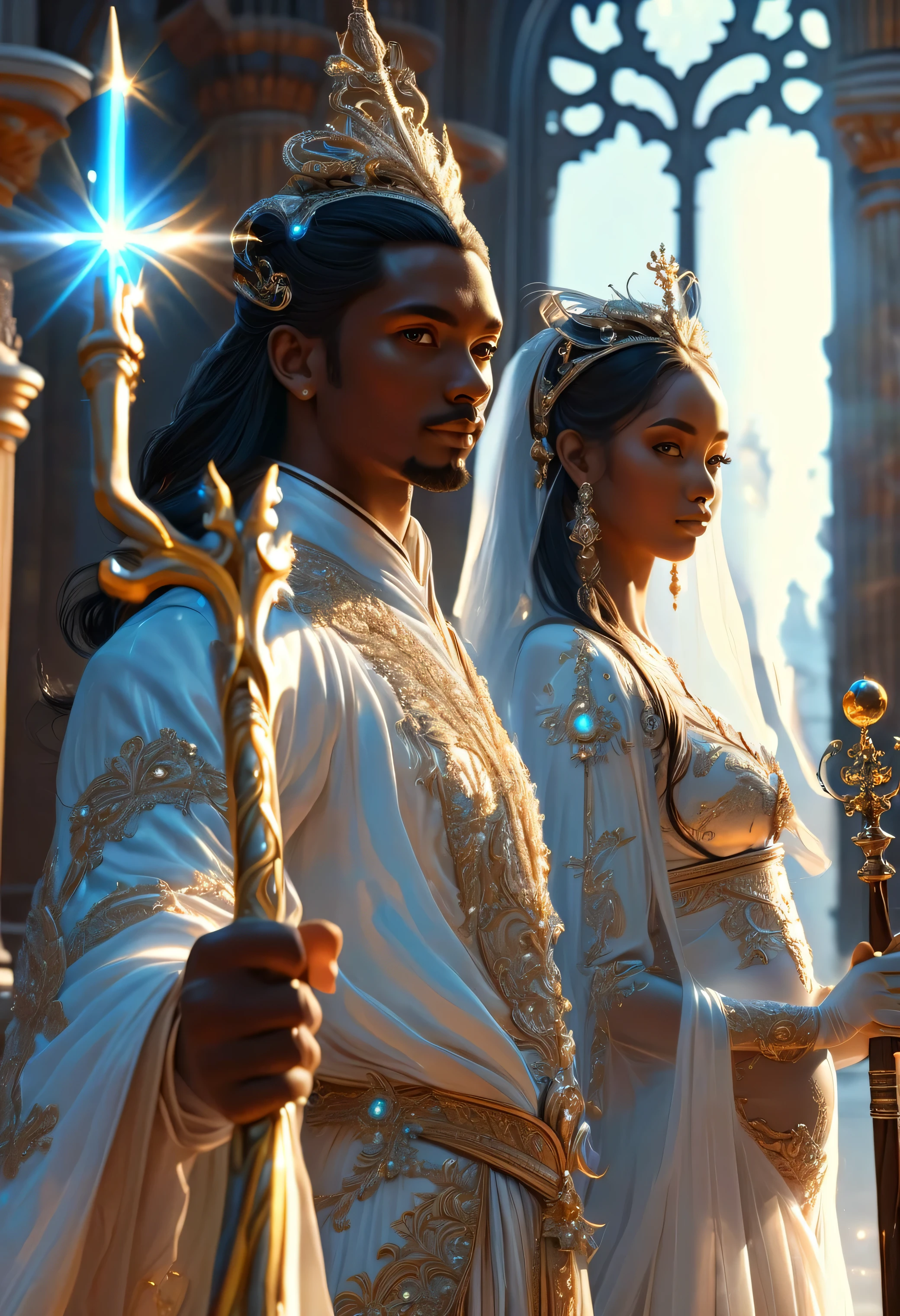 Un couple dans un palais céleste, Deux jeunes ((with black skin)) juges impériaux dans une cour céleste, un beau jeune homme aux cheveux longs et une belle femme enceinte aux cheveux longs, tenant un sceptre et une lance, visage très fins, visages parfaits, corps entier, 8K, extremely detailed, (((High quality, realistic, photorealistic:1.37)))