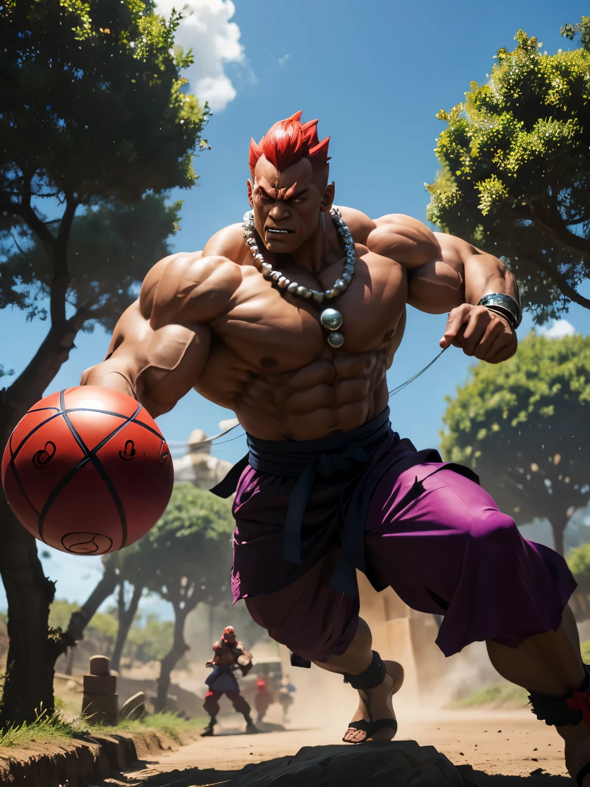 AKUMA personagem de game street Fighter, Giant fighter wearing a spherical monk necklace, sober,  mal, forte, poderoso,  destroying a tree. 