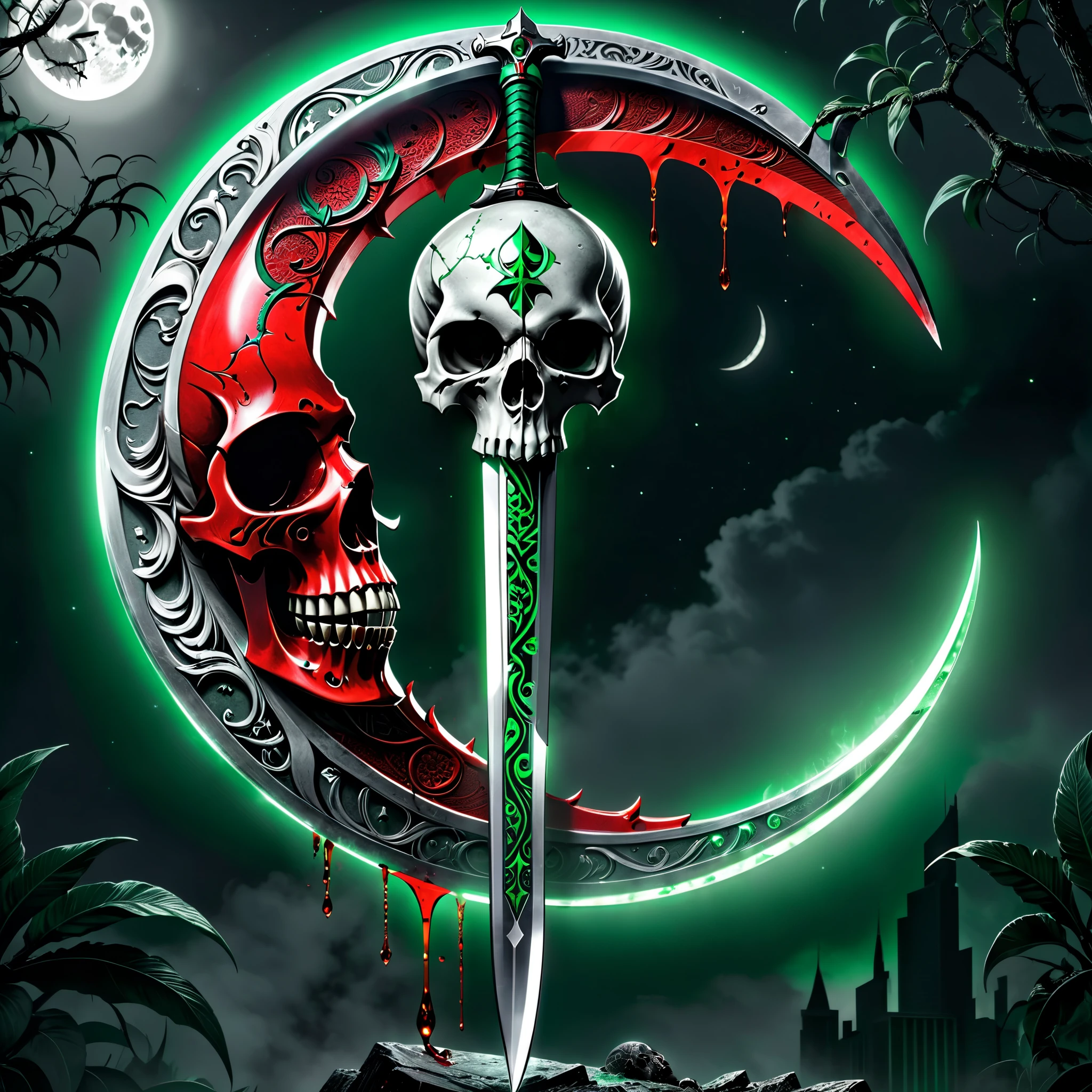 (Best quality, 4k, 8k, high-rise, masterpiece: 1.2), ultra fine, (realistic, photo realistic, photo realistic: 1.37), crescent shaped blade, curved and sharp, complex pattern, carved blade, sparkling, terrifying green light, skull holding sickle, long handle, blood dripping, gray background, full body panoramic lens, huge crescent sickle and red moon shining together,
