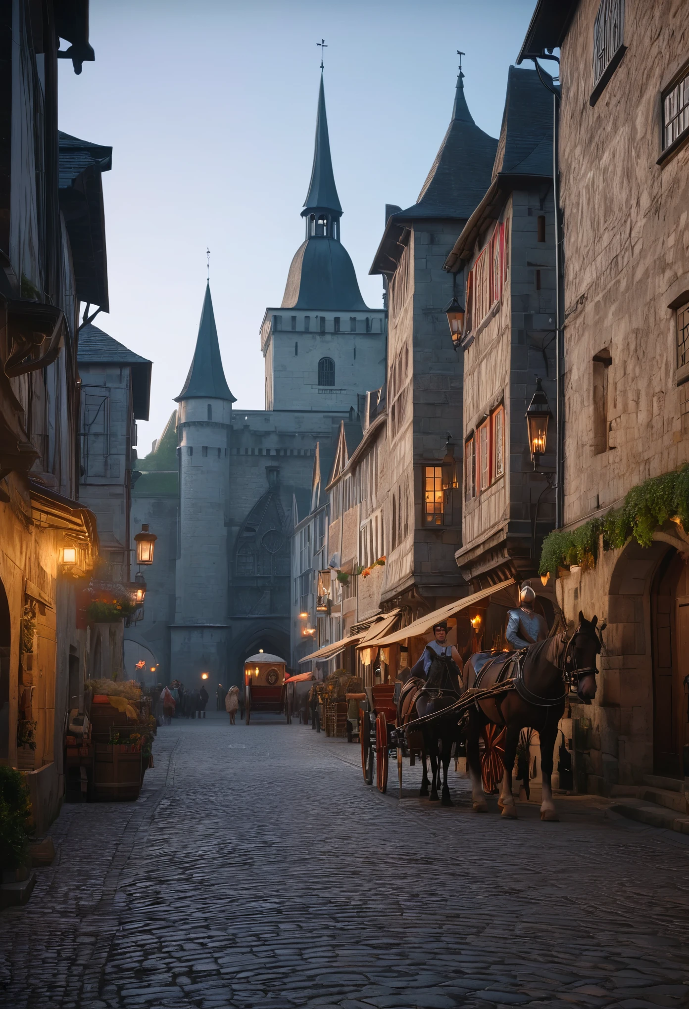 (best quality,4k,8k,highres,masterpiece:1.2),ultra-detailed,realistic,medieval city,stone buildings,castle,market square,horses and carriages,people wearing medieval attire,narrow cobblestone streets,cathedral,taverns,citadel,torch-lit alleys,moat,majestic gates,fantasy architecture,vivid colors,portrait style,soft lighting,dusk color scheme
