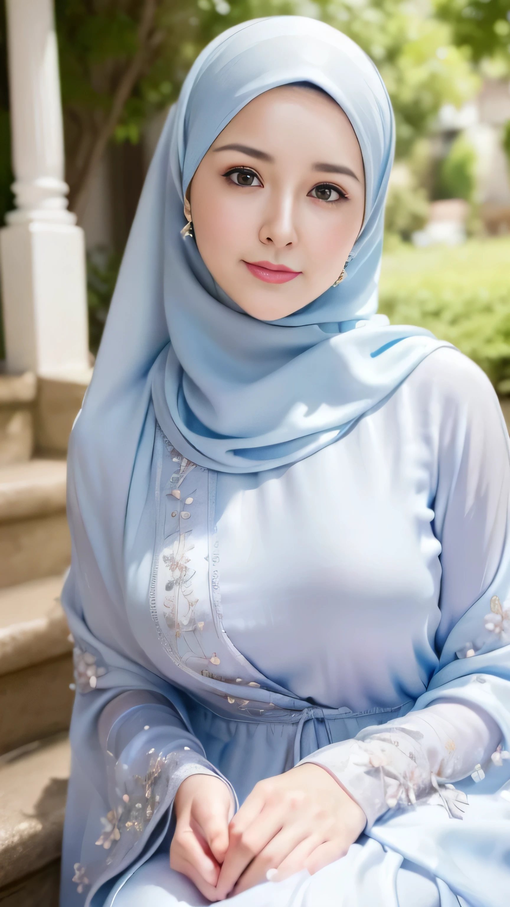 ((Marian Rivera)), (8K, best quality:1.2), beautiful Smile, seduced smile,gigantic breast:1.4, sitting on a set of stairs, (( wearing a silver silk embrodery kaftan with closed hijab)), Tall Body, beautiful faces, earrings, feminine in cute pastel shadeasterpiece:1.37), (photo, photorealistic:1.37), (ultrahigh-res),Full Body, slow motion, (insanely detailed, bloom:1.5), (highest quality, Alessandro Casagrande, Greg Rutkowski, Sally Mann, concept art, 4k), (analog:1.2), (high sharpness), (detailed pupils:1.1), detailed face and eyes, Masterpiece, best quality, (highly detailed photo:1.1),