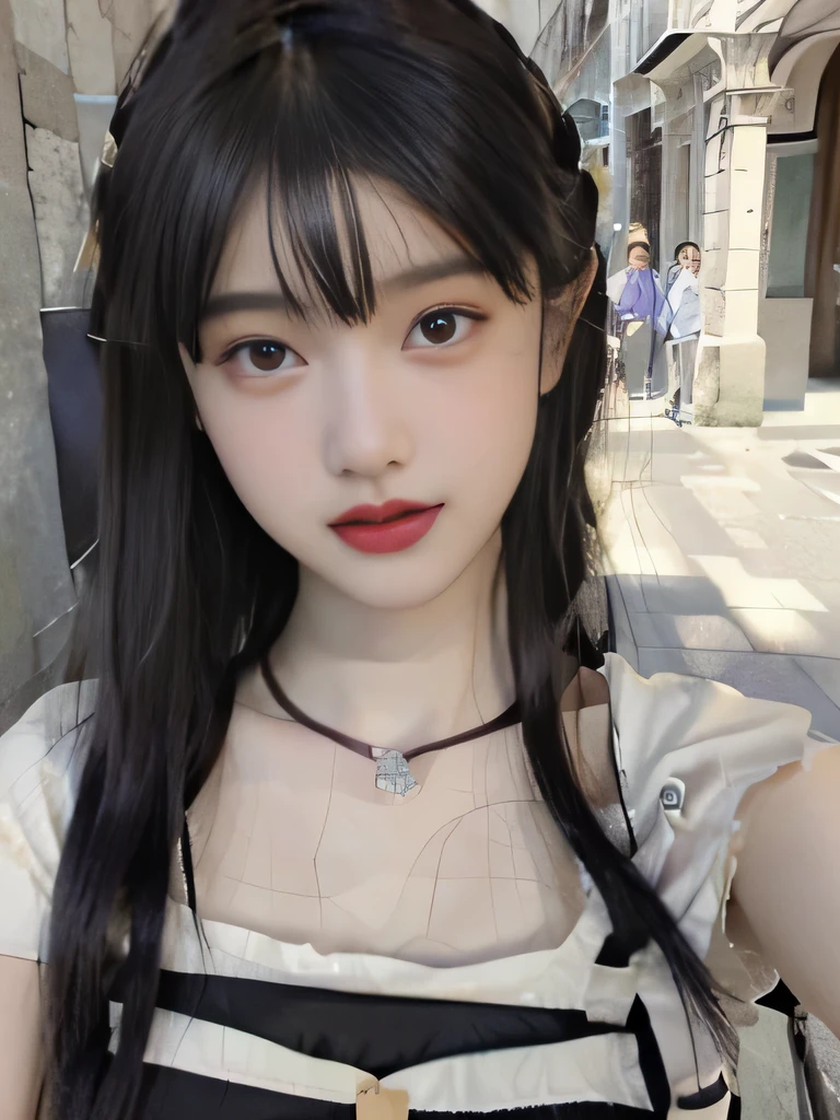 1girl、Sardinian national costume in Italy、long straight line、I can see the collarbone、purple lipstick、I'I'm in Rome、
