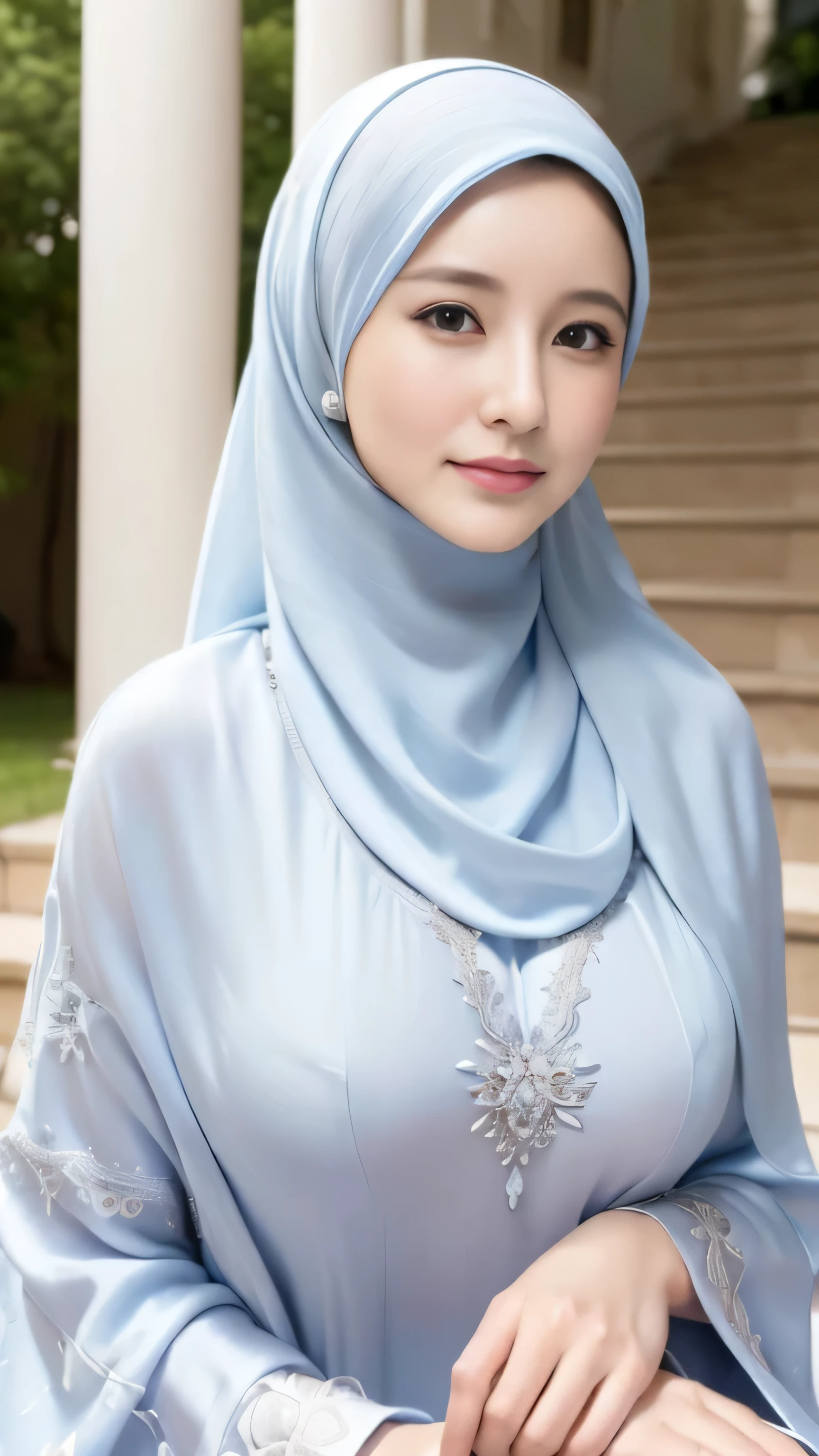 ((Marian Rivera)), (8K, best quality:1.2), beautiful Smile, seduced smile,gigantic breast:1.4, sitting on a set of stairs, (( wearing a silver silk embrodery kaftan with closed hijab)), Tall Body, beautiful faces, earrings,  feminine in cute pastel shadeasterpiece:1.37), (photo, photorealistic:1.37), (ultrahigh-res),Full Body,  slow motion, (insanely detailed, bloom:1.5), (highest quality, Alessandro Casagrande, Greg Rutkowski, Sally Mann, concept art, 4k), (analog:1.2), (high sharpness), (detailed pupils:1.1), detailed face and eyes, Masterpiece, best quality, (highly detailed photo:1.1),